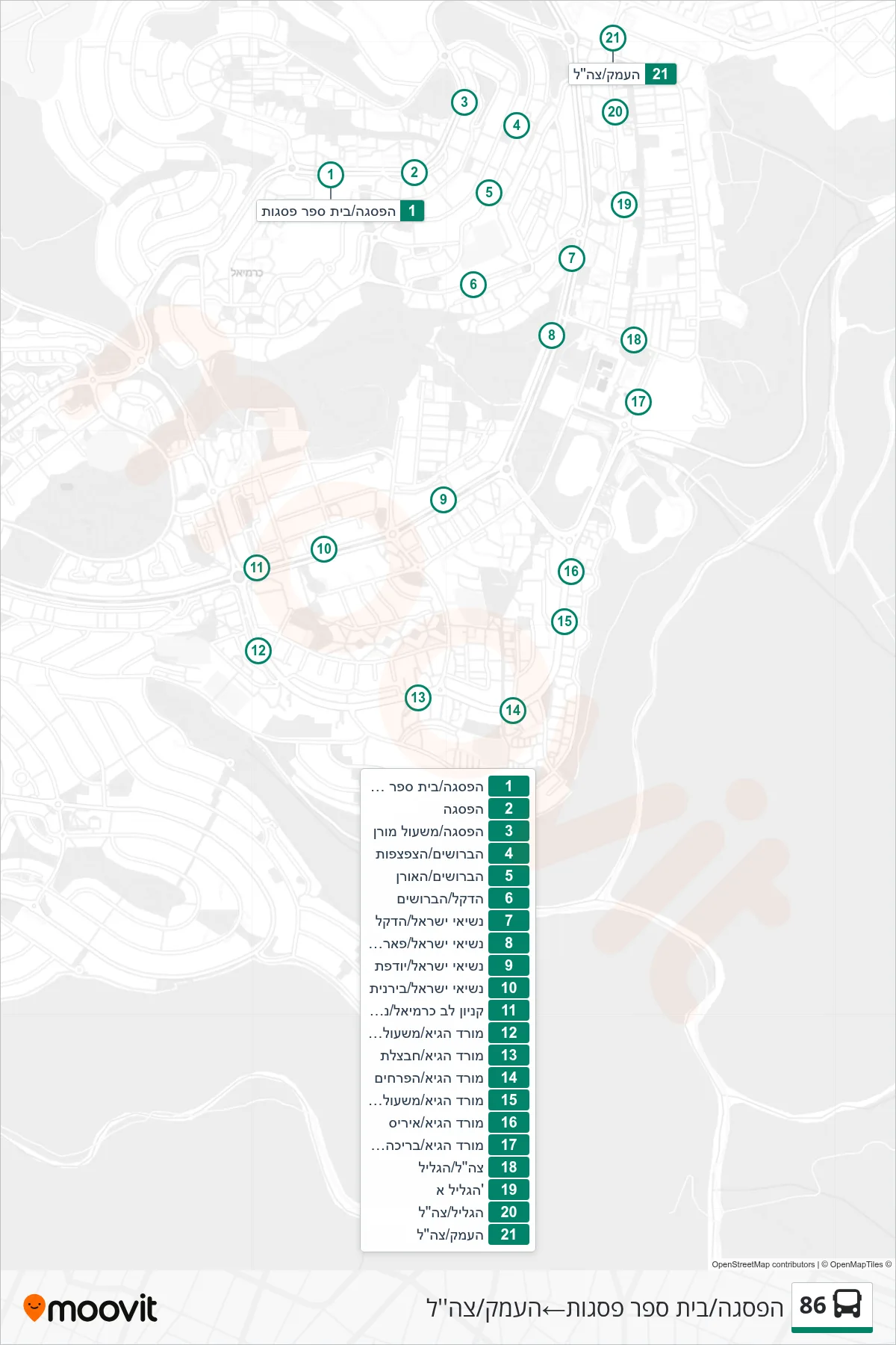 86 bus Line (HaPisga/Pisgot School‎→HaEmek/IDF) route and stops on a map