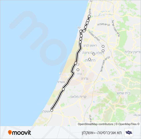 Железные дороги Израиля תא אוניברסיטה - אשקלון: карта маршрута
