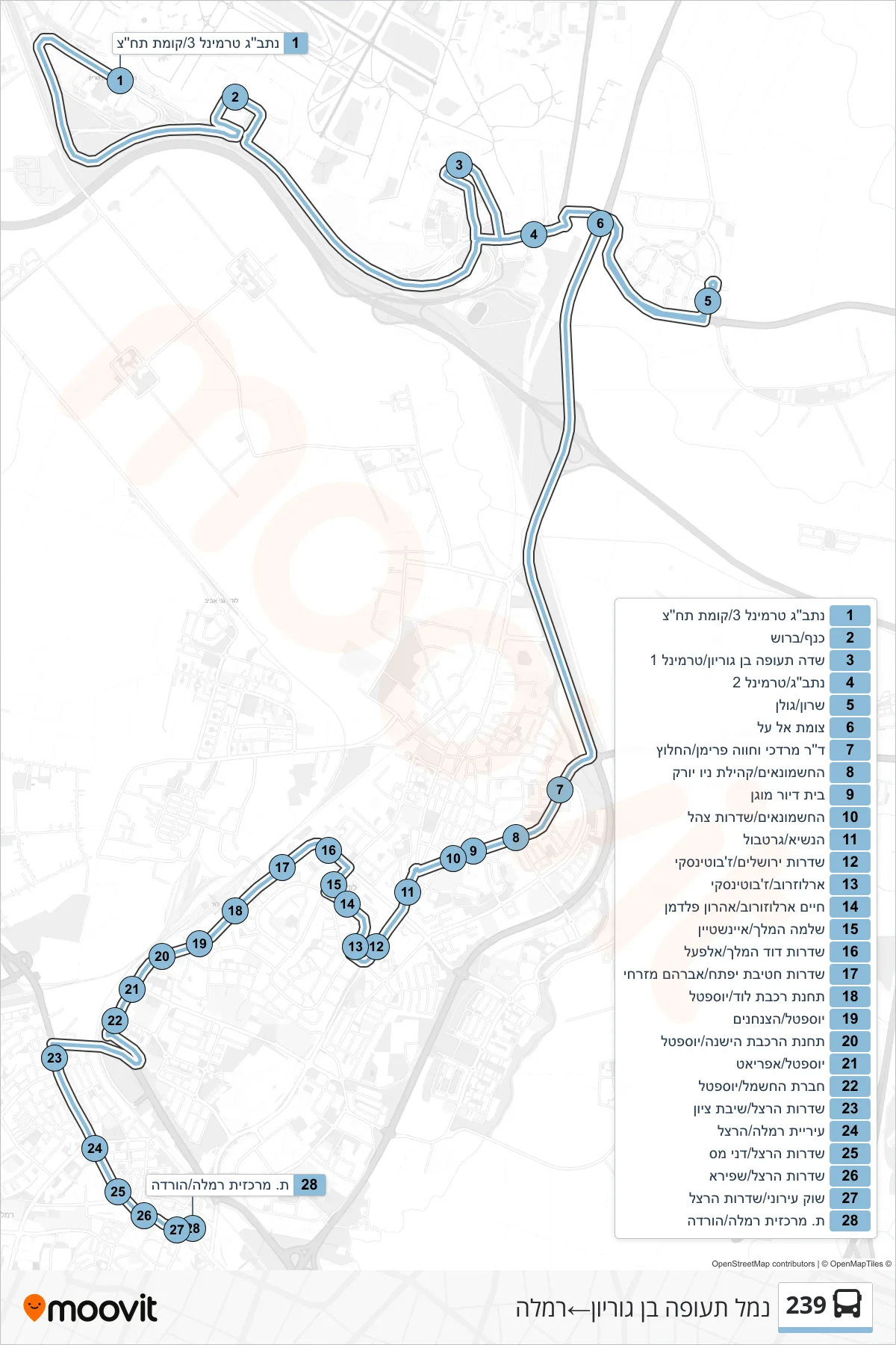 239 bus Line (Ben Gurion Airport→Ramla) route and stops on a map