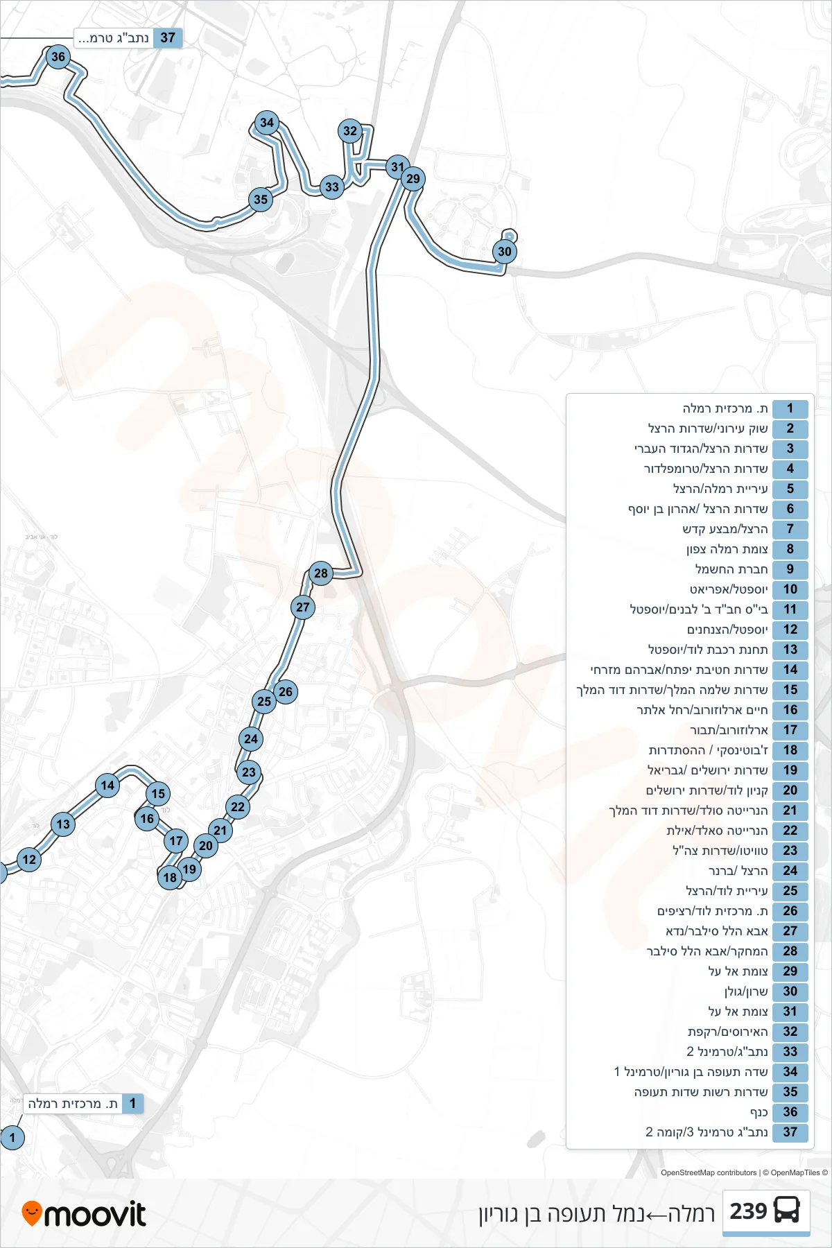 239 bus Line (Ramla‎→Ben Gurion Airport) route and stops on a map