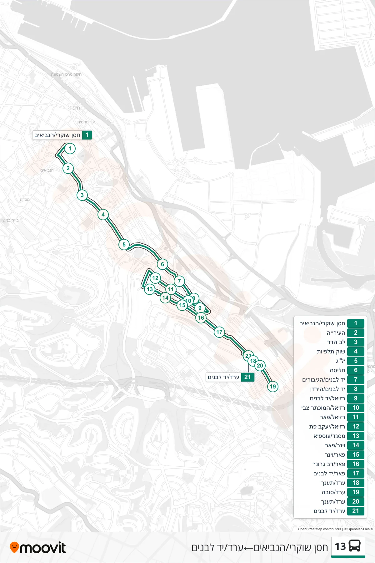 13 bus Line (Hassan Shukri/HaNevi'im‎→Arad/Yad LeBanim) route and stops on a map
