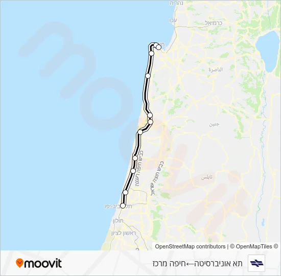 Tel Aviv University - Haifa Center Israel Railways Line Map