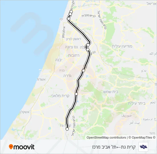Железные дороги Израиля קרית גת - תל אביב מרכז: карта маршрута