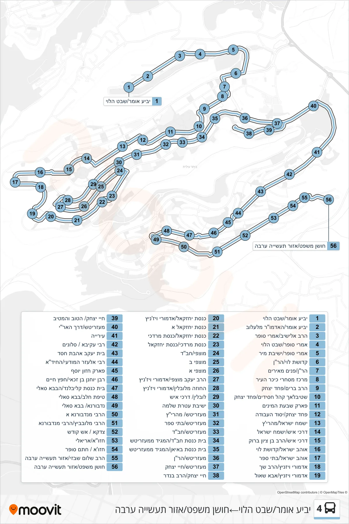 4 bus Line (Yabia Omer/Shevet HaLevi‎→Hoshen Mishpat/Arava Industrial Zone) route and stops on a map