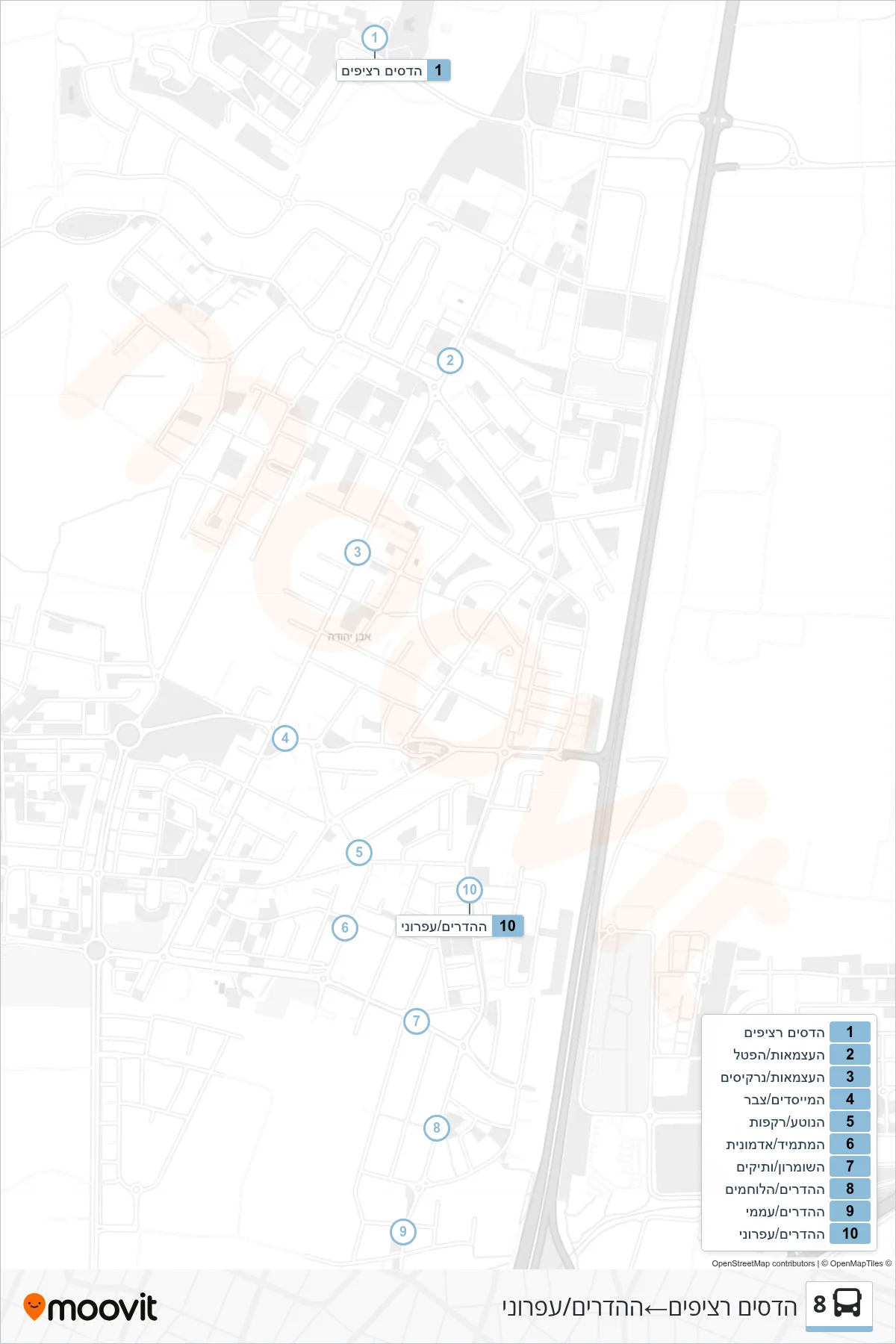 8 bus Line (Hadasim Platforms‎→HaHadarim/Efroni) route and stops on a map