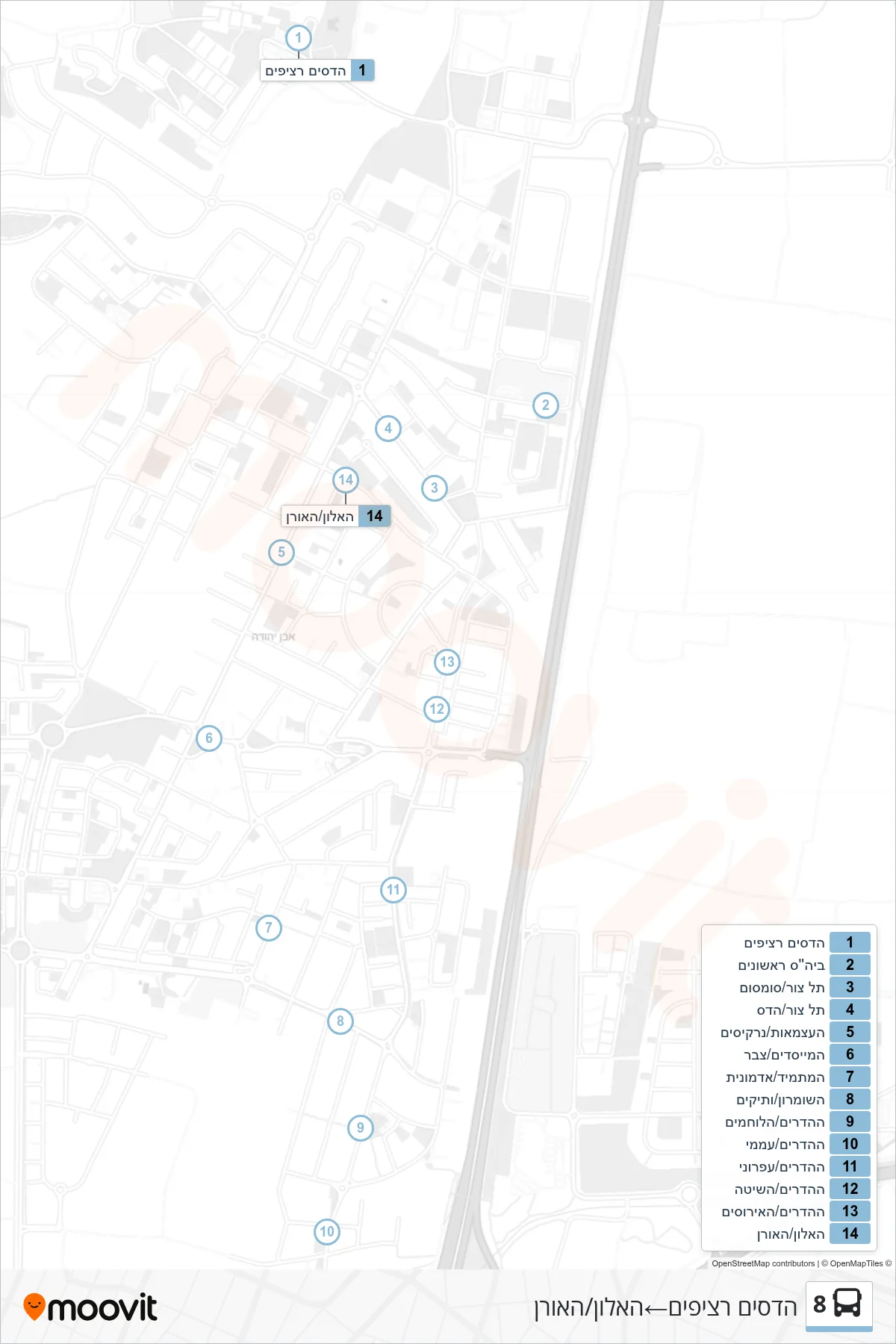 8 bus Line (Hadasim Platforms‎→HaAlon/HaOren) route and stops on a map
