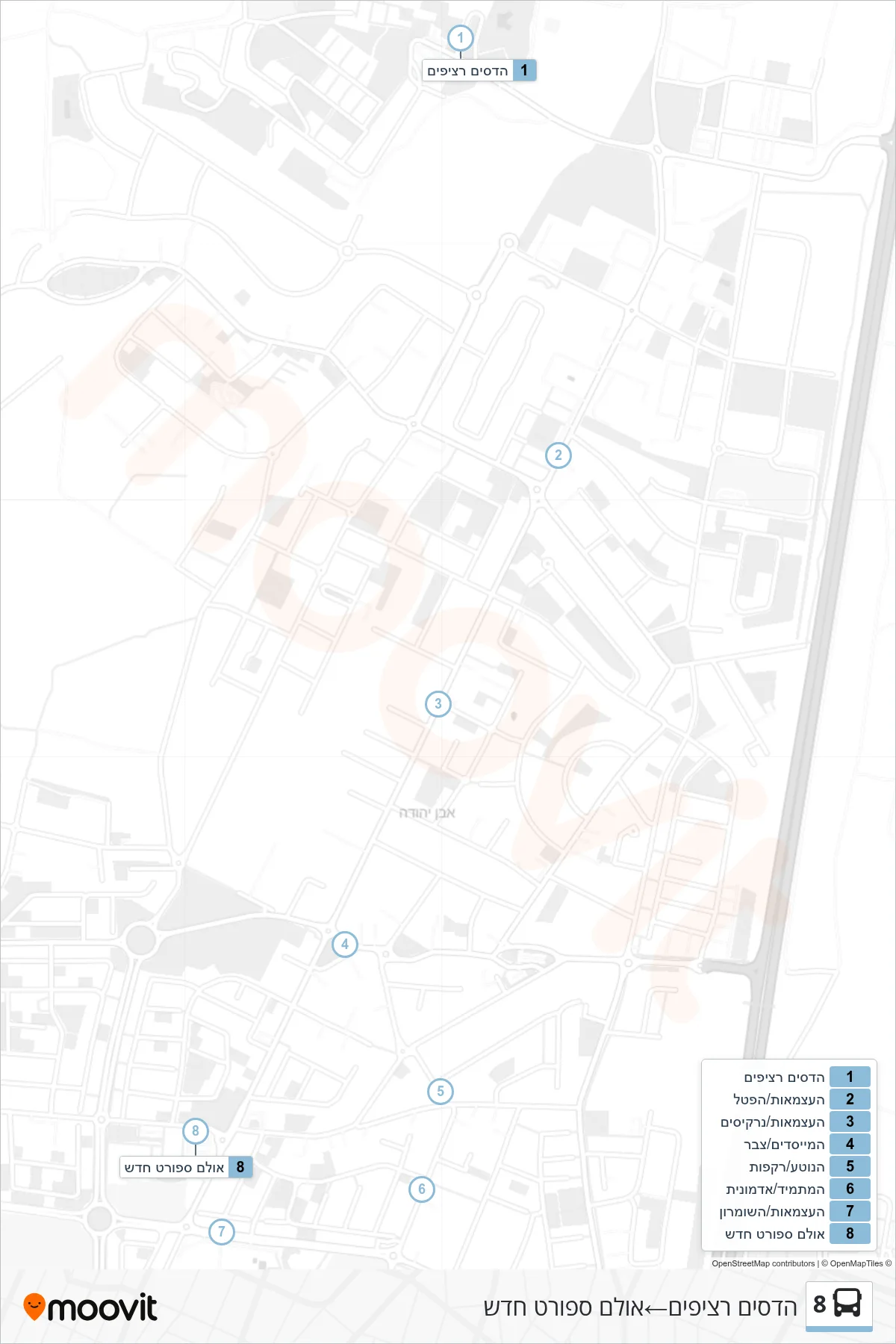 8 bus Line (Hadasim Platforms‎→New Sports Hall) route and stops on a map