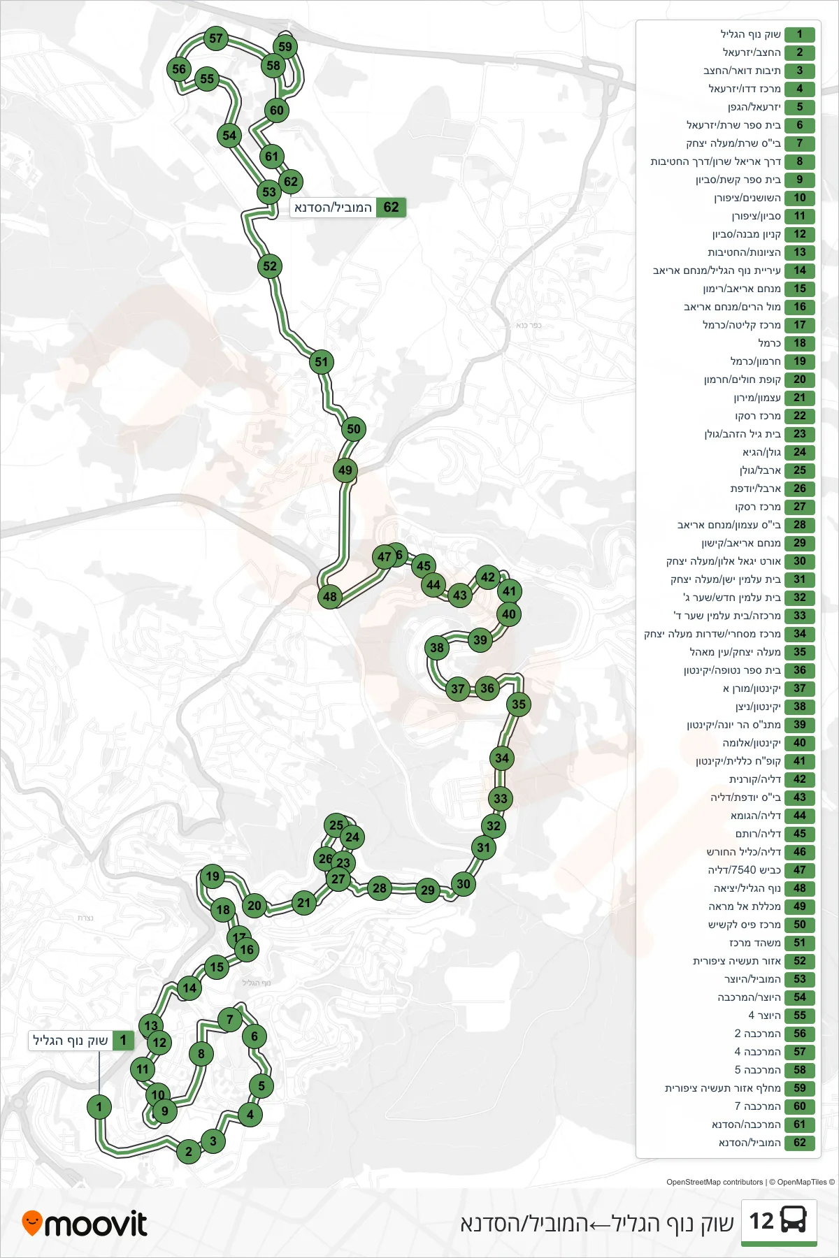 12  Line (Nof HaGalil Market‎→HaMovil/HaSadna) route and stops on a map