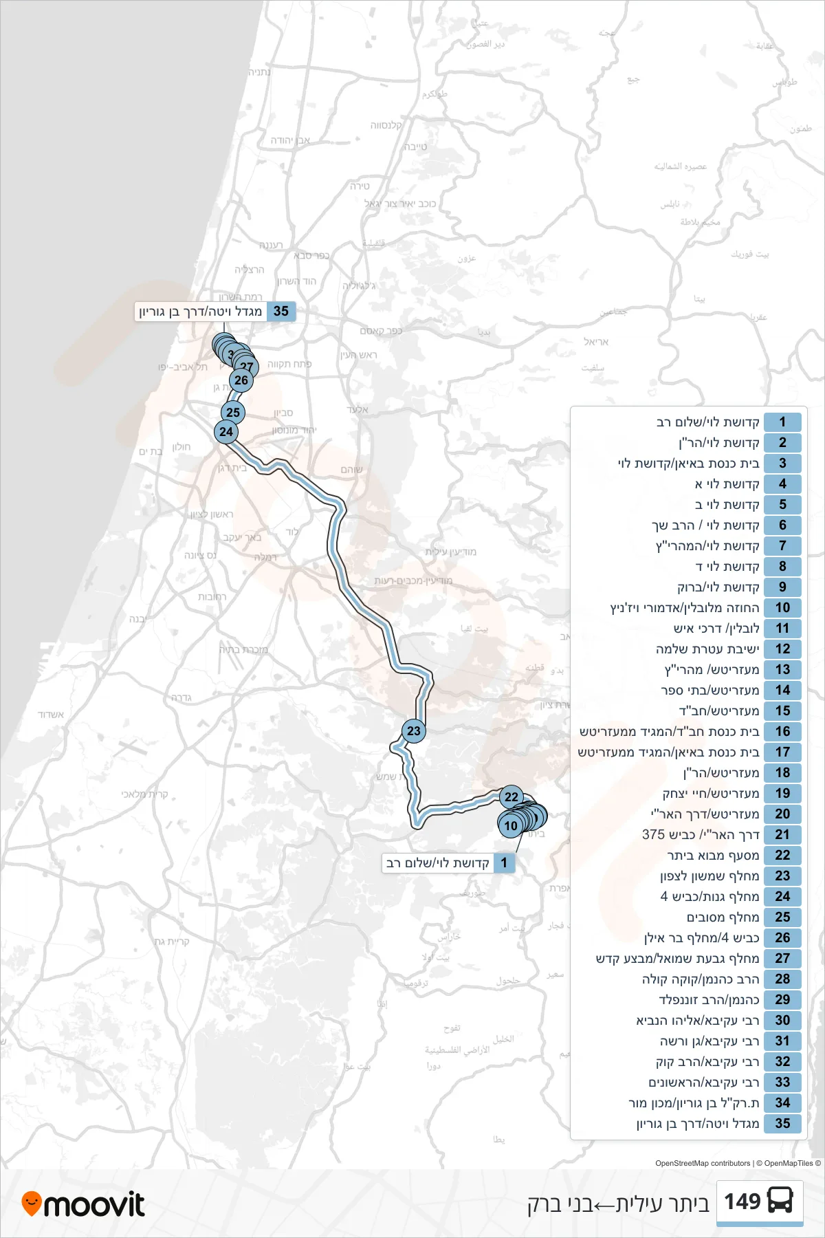 149 bus Line (Beitar Illit‎→Bnei Brak) route and stops on a map