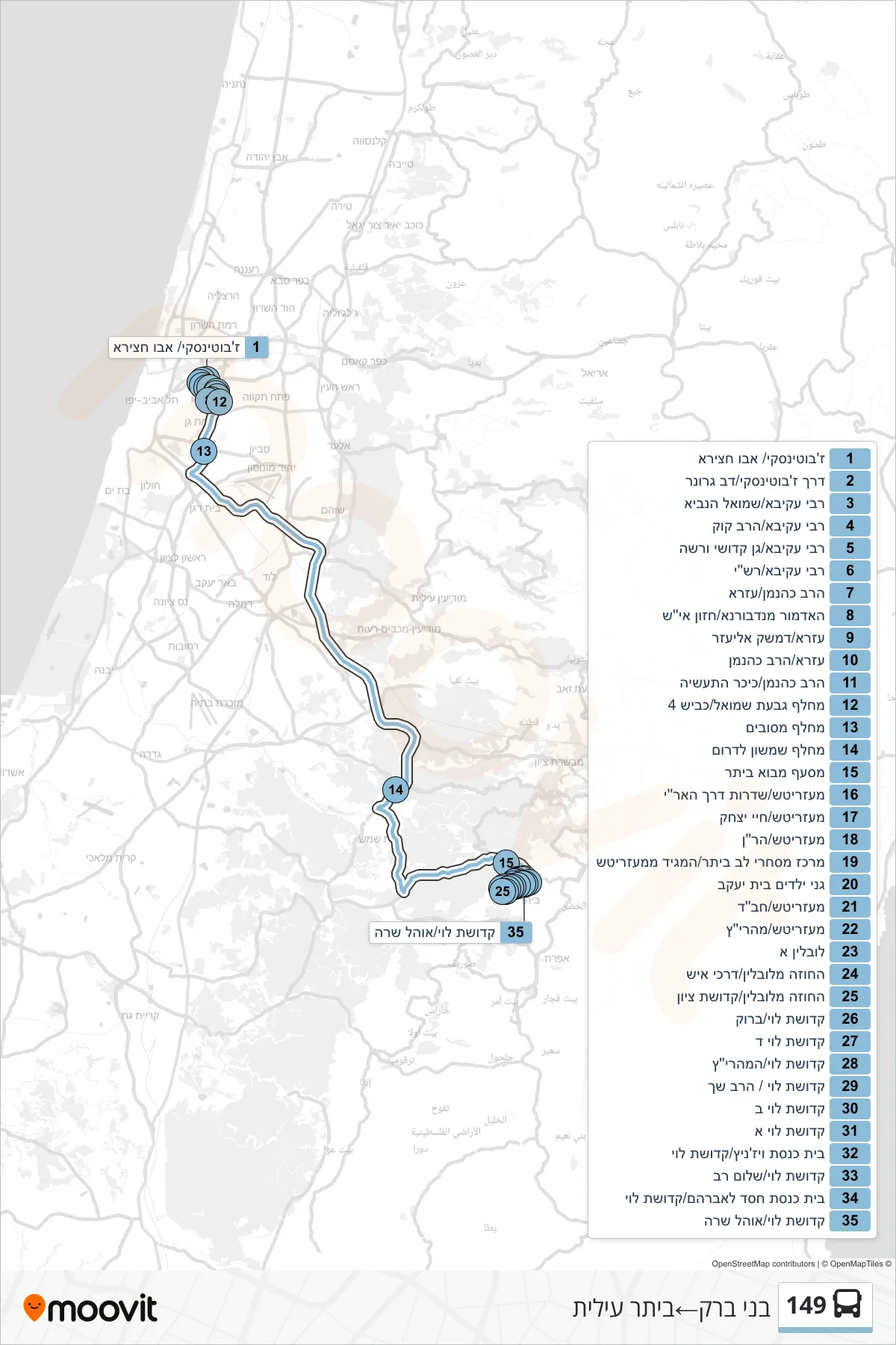 149 bus Line (Bnei Brak→Beitar Illit) route and stops on a map