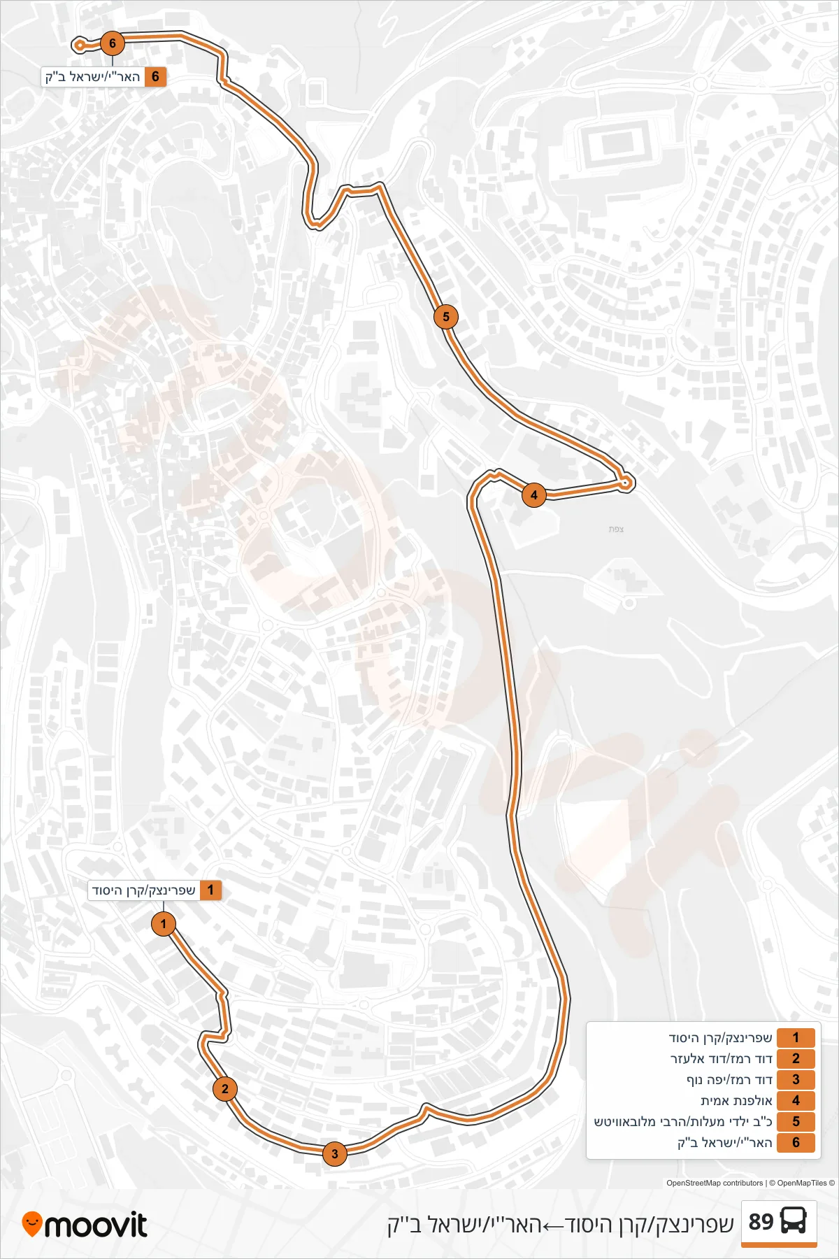 89  Line (Sprinzak/Keren HaYesod‎→HaAri/Israel Bak) route and stops on a map