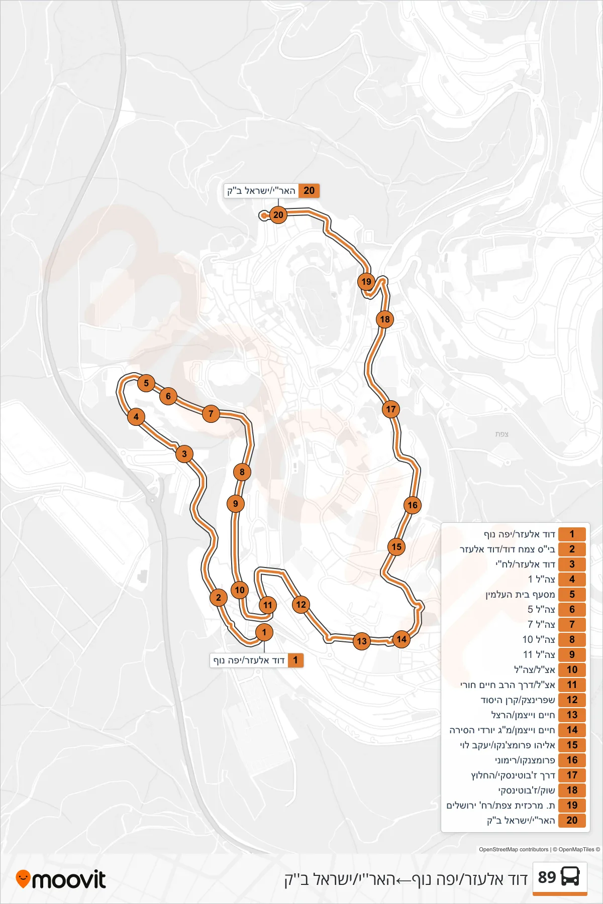 89 bus Line (David Elazar/Yefe Nof‎→HaAri/Israel Bak) route and stops on a map