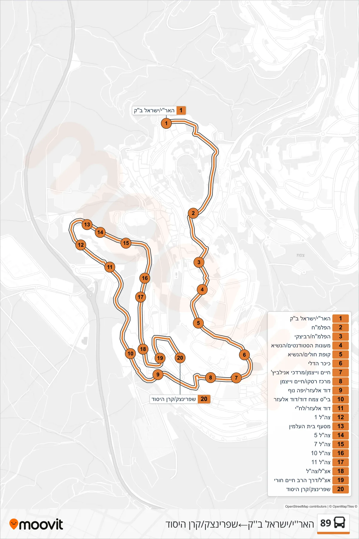 89 bus Line (HaAri/Israel Bak‎→Sprinzak/Keren HaYesod) route and stops on a map