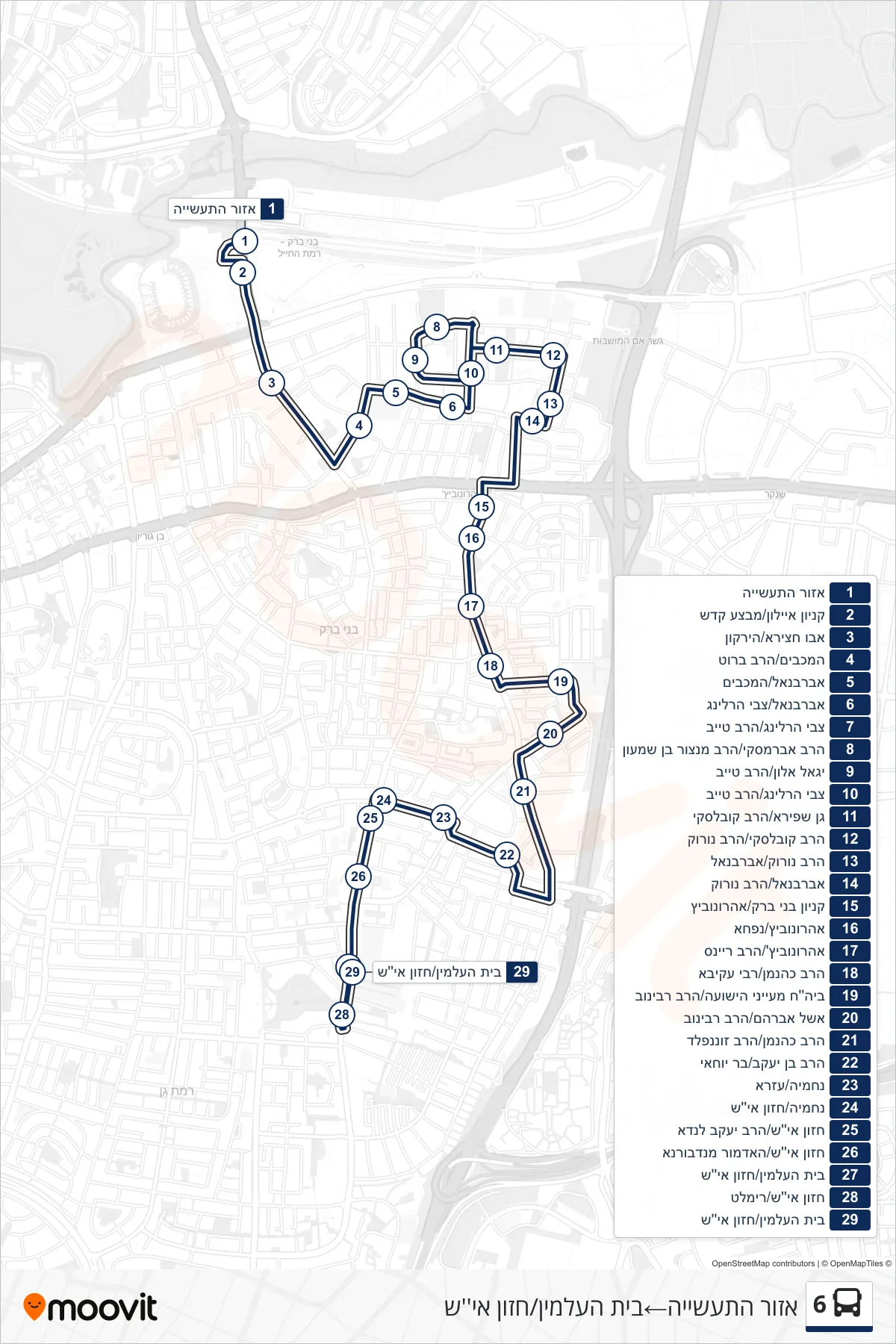 6 bus Line (Industrial Zone‎→Cemetery/Chazon Ish) route and stops on a map