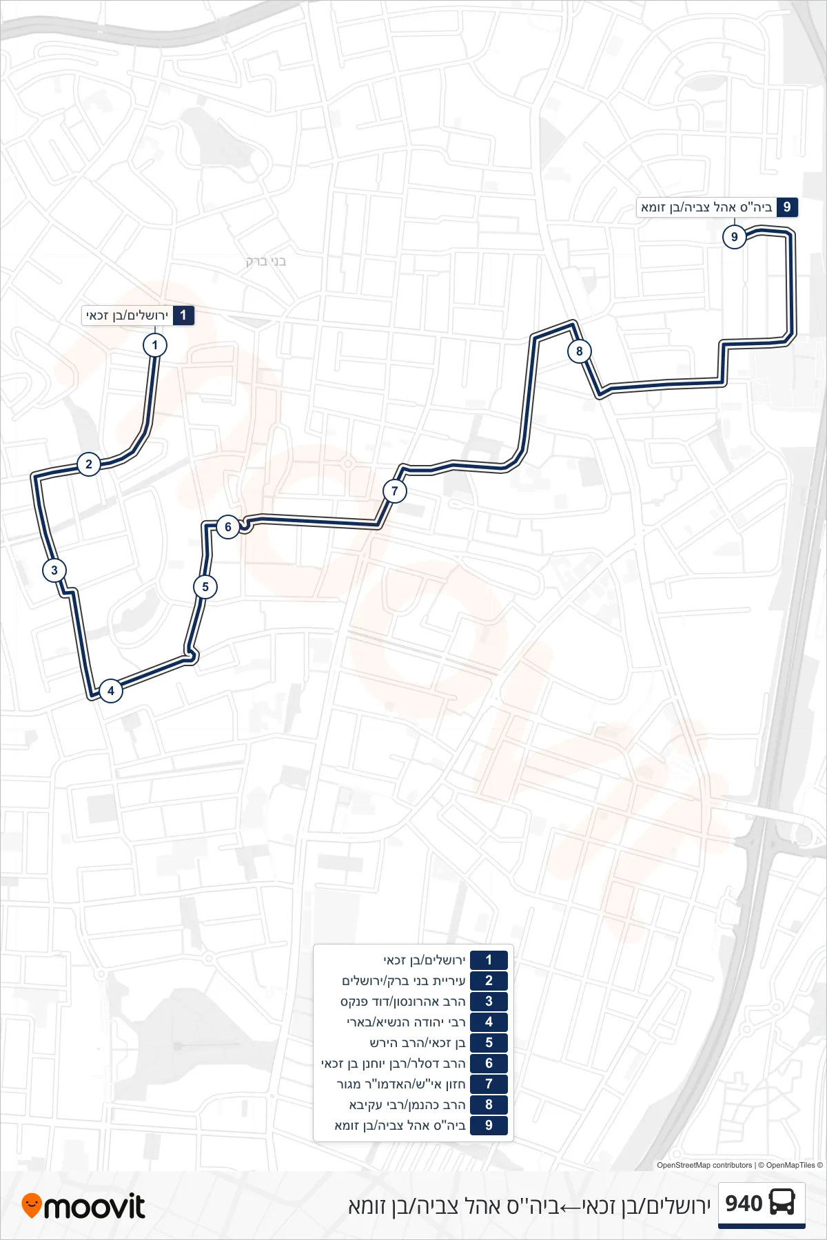 940 bus Line (Jerusalem/Ben Zakkai‎→Ohel Tzvia School/Ben Zoma) route and stops on a map