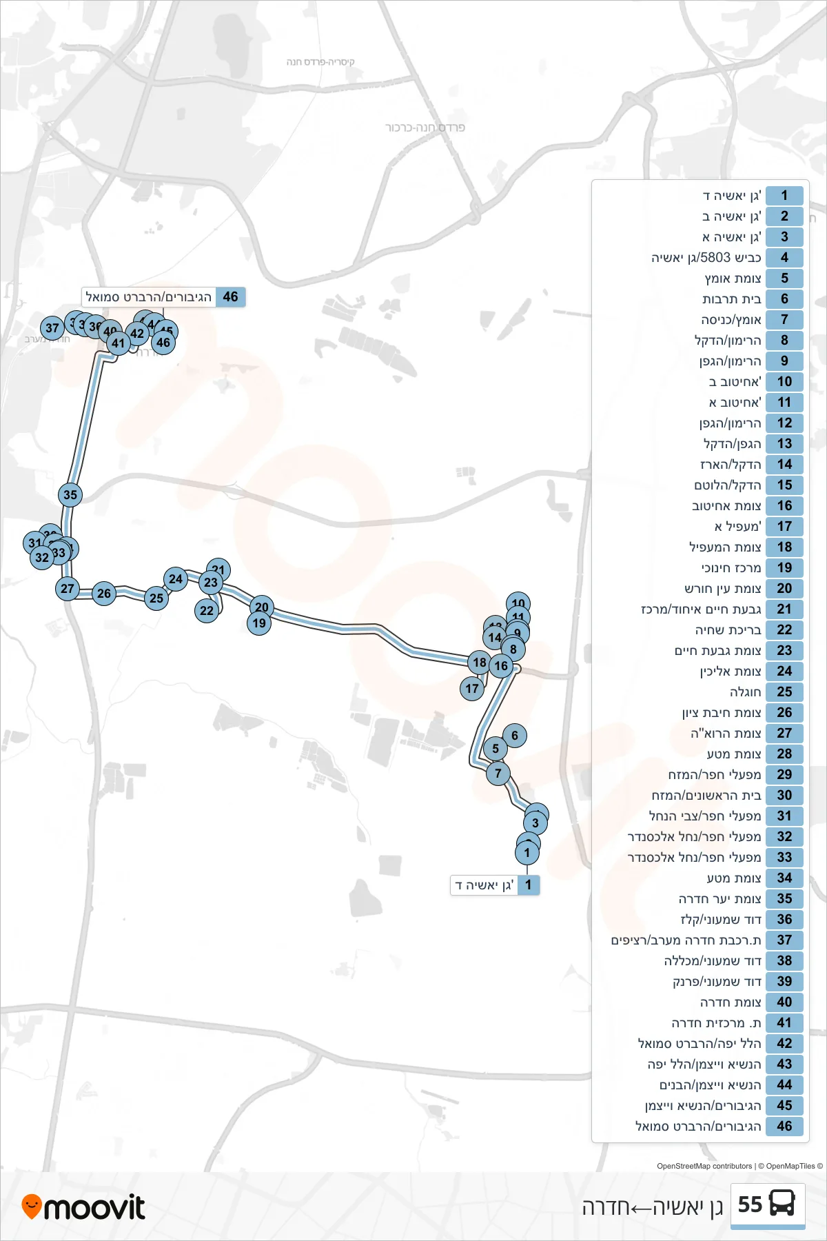 55 bus Line (Gan Yoshiya‎→Hadera) route and stops on a map