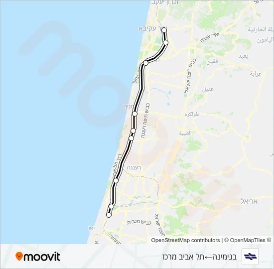 Железные дороги Израиля בנימינה - תל אביב מרכז: карта маршрута