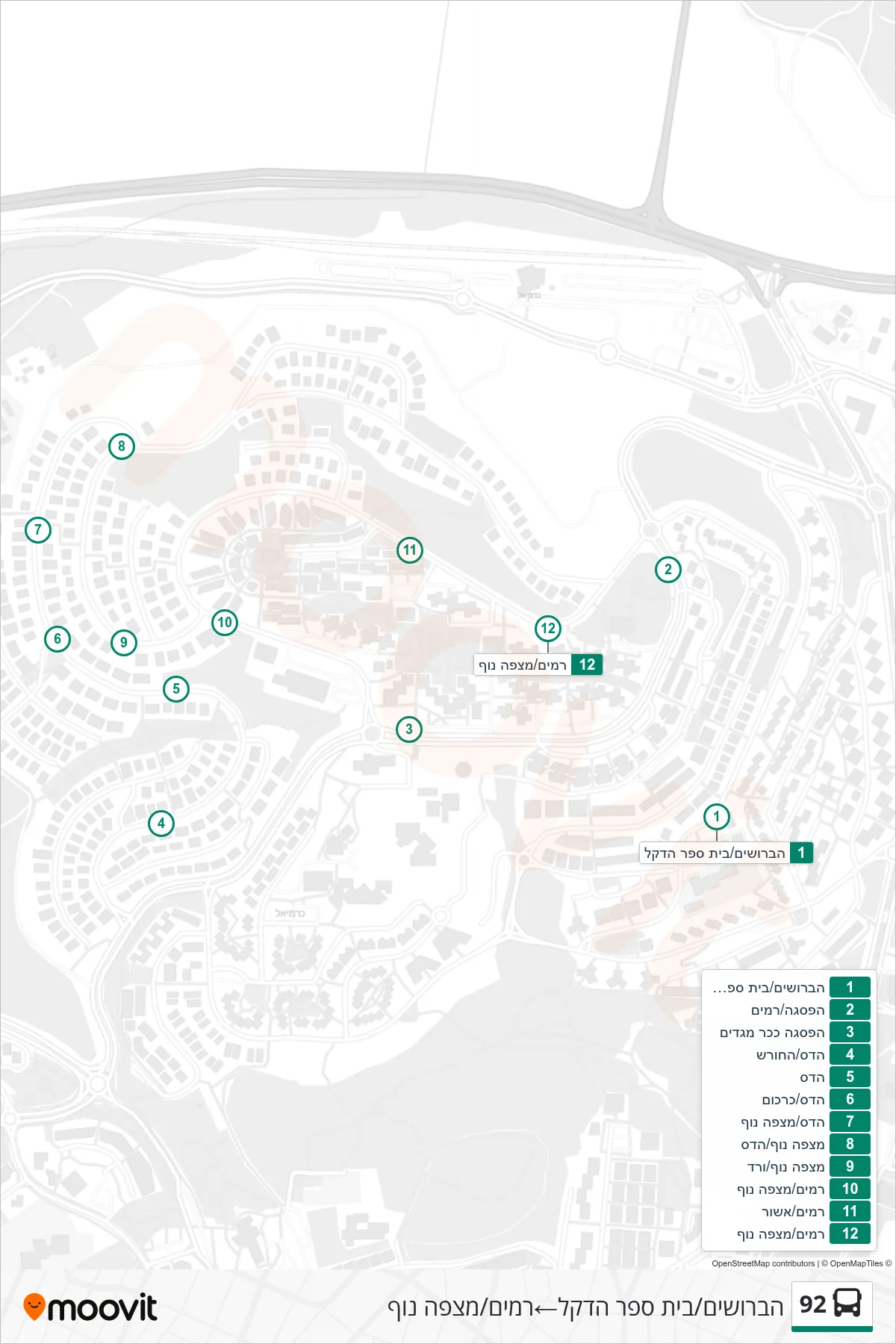 92 bus Line (HaBroshim/Dekel School‎→Ramim/Mitzpe Nof) route and stops on a map