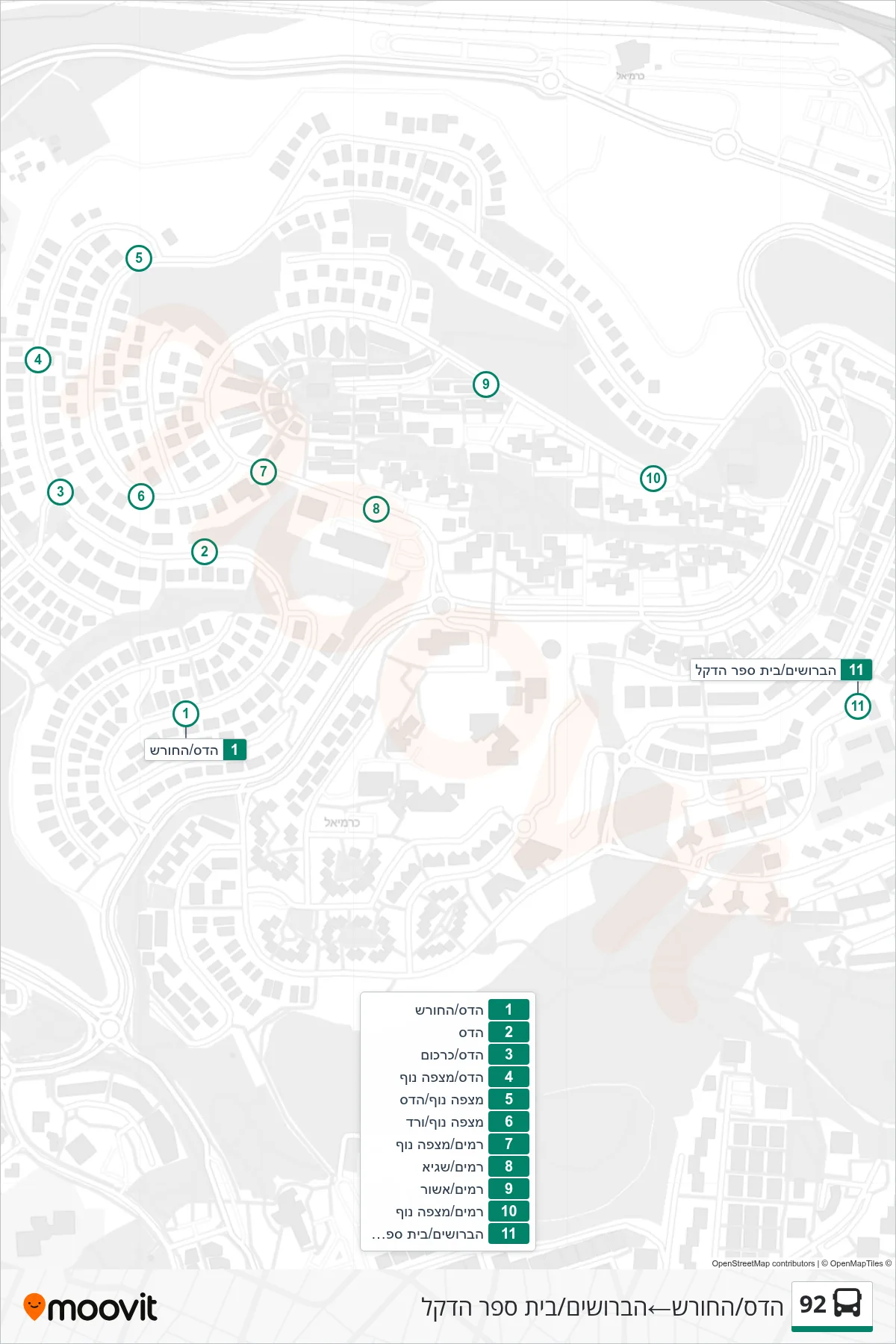 92 bus Line (Hadas/HaChoresh‎→HaBroshim/Dekel School) route and stops on a map