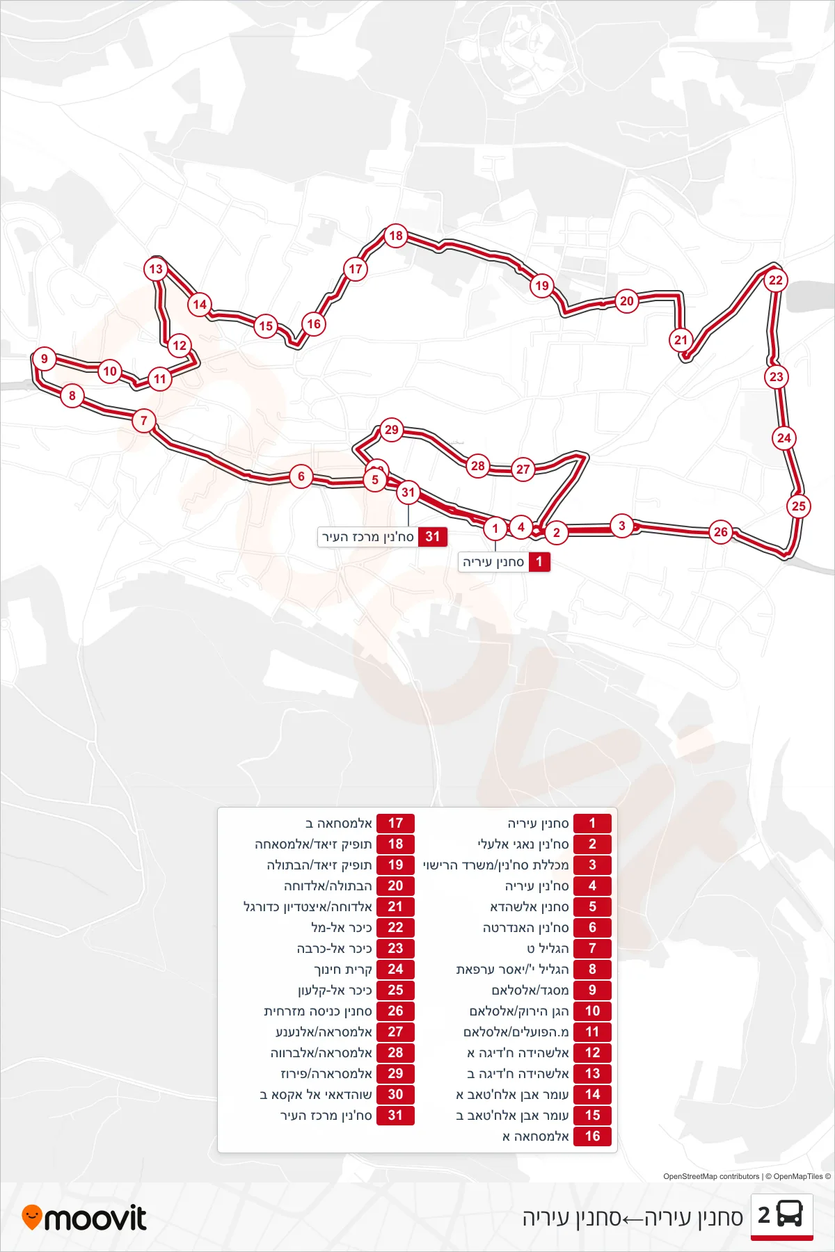 2 bus Line (Sakhnin City Hall‎→Sakhnin City Hall) route and stops on a map