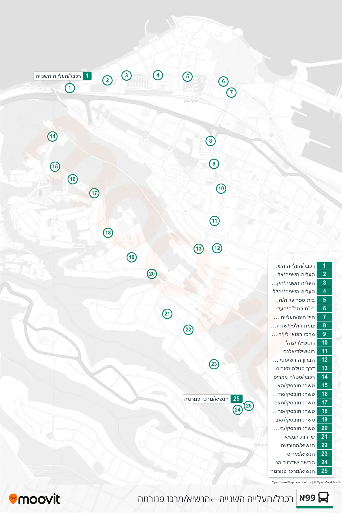 99A  Line (Cable Car/HaAliya HaShniya‎→HaNasi/Panorama Center) route and stops on a map