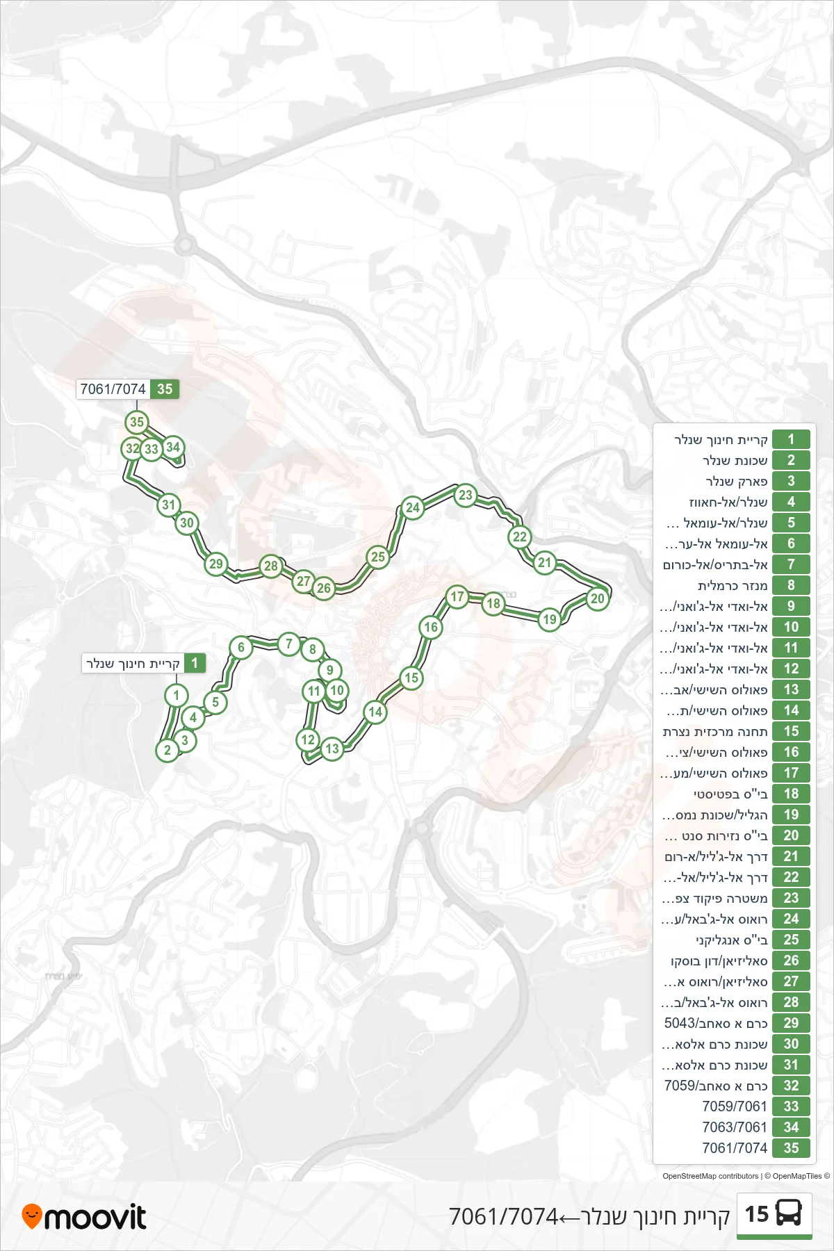 15 bus Line (Shneller Education Campus‎→7061/7074) route and stops on a map
