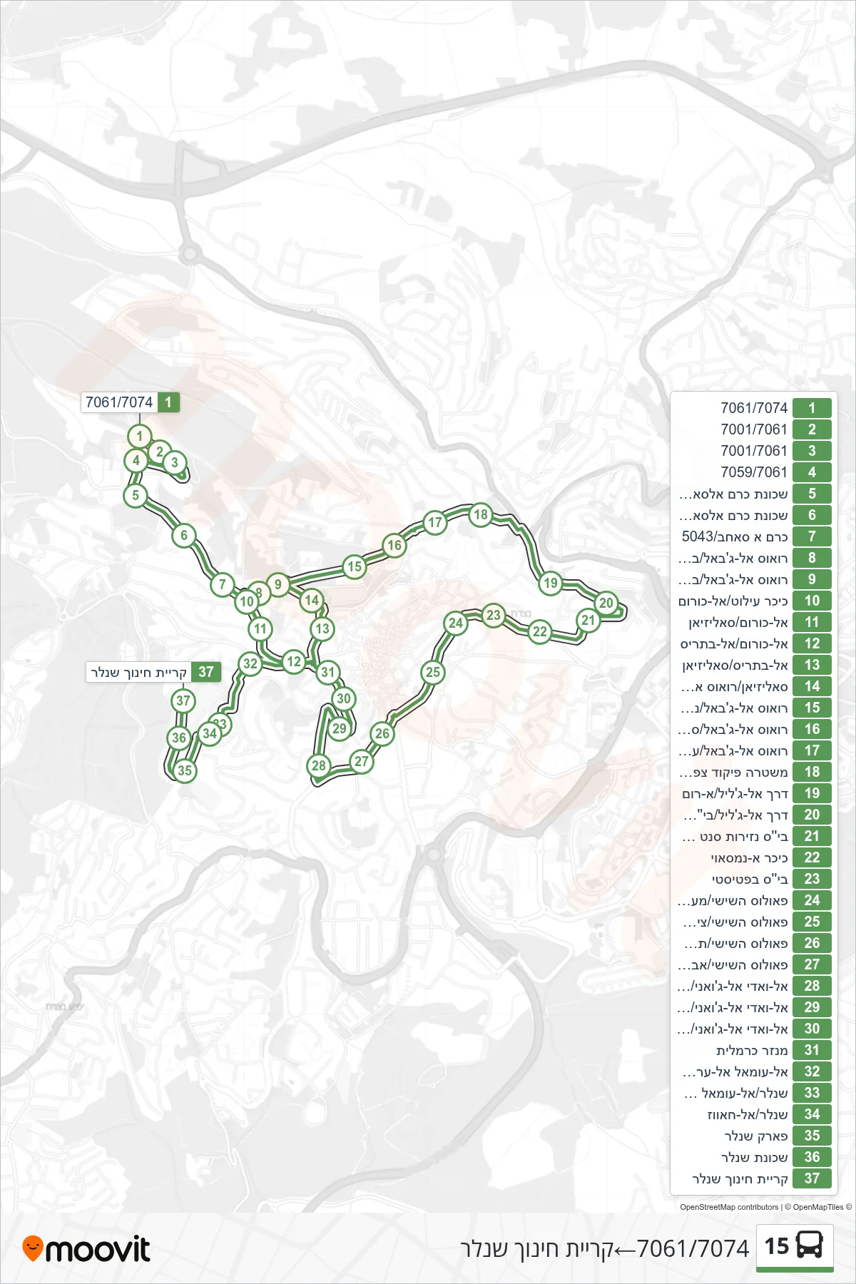 15 bus Line (7061/7074‎→Shneller Education Campus) route and stops on a map