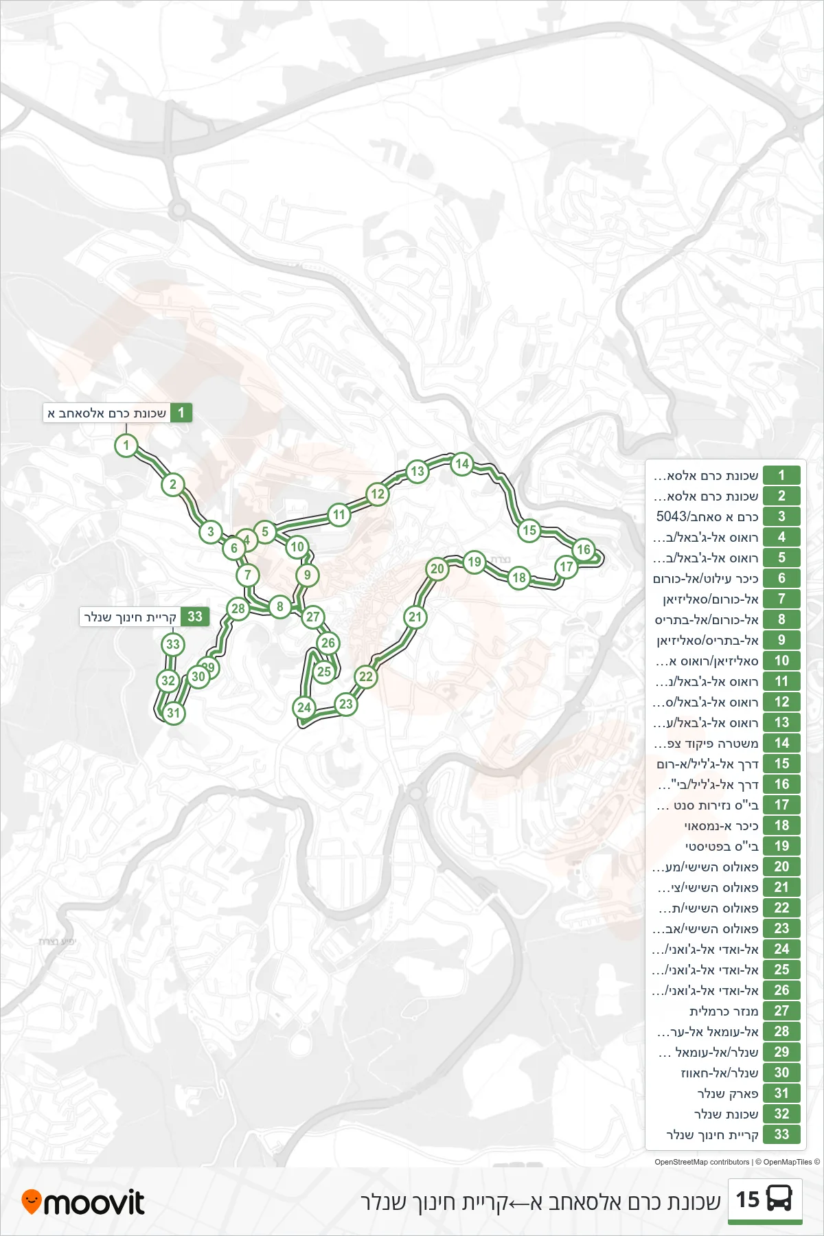 15 bus Line (Karm Al-Saheb A Neighborhood‎→Shneller Education Campus) route and stops on a map