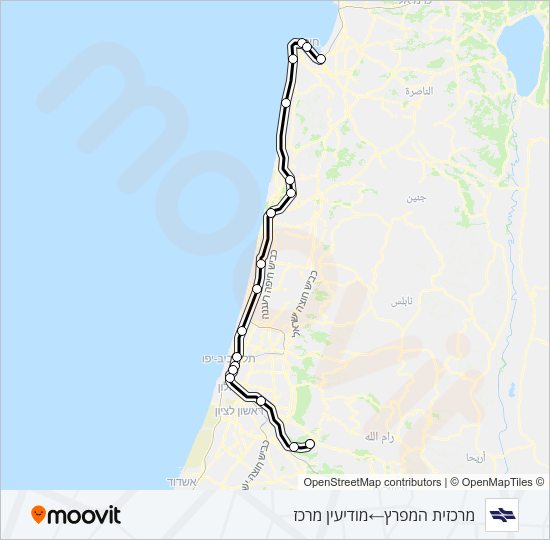 מפת המסלול של קו רכבת ישראל מרכזית המפרץ - מודיעין מרכז ✈