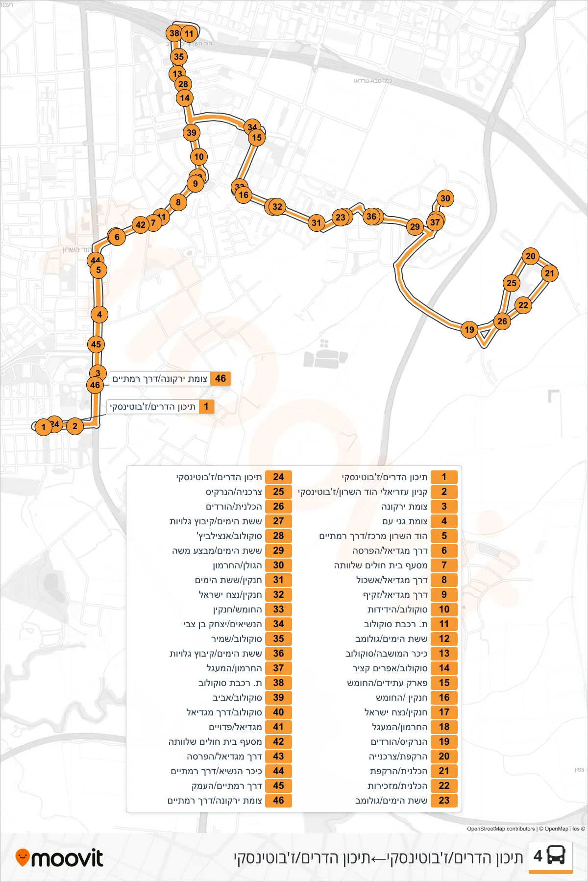 4 bus Line (Hadarim High School/Jabotinsky‎→Hadarim High School/Jabotinsky) route and stops on a map
