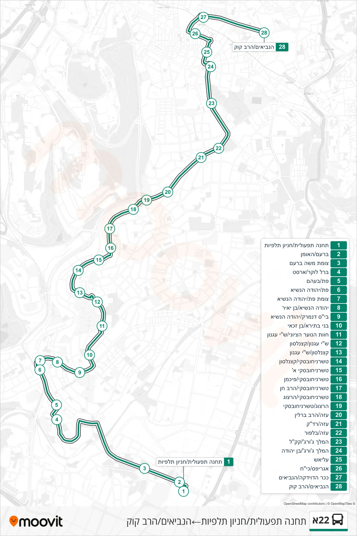 22A bus Line (Talpiot Depot/Operational Station→HaNevi'im/HaRav Kook) route and stops on a map