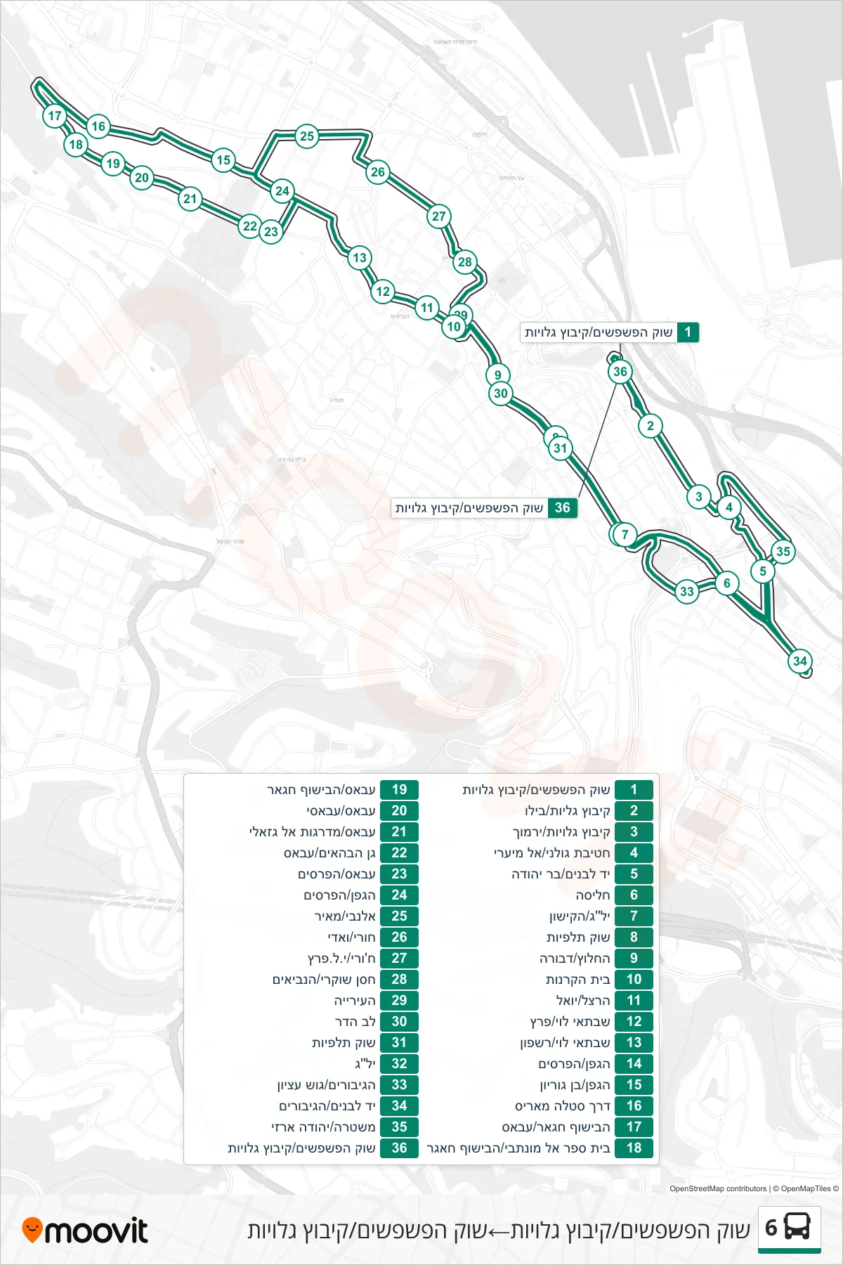 6 bus Line (Flea Market/Kibbutz Galuyot‎→Flea Market/Kibbutz Galuyot) route and stops on a map