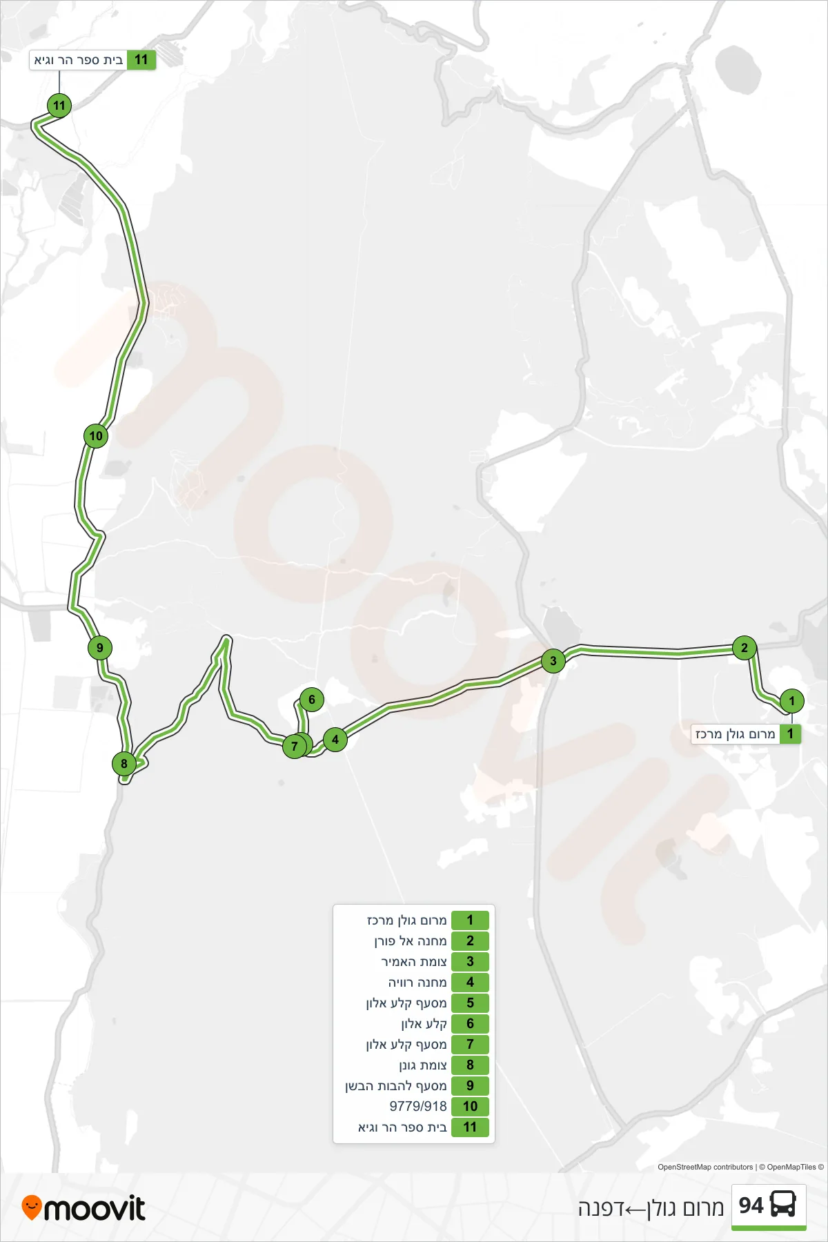 94 bus Line (Merom Golan→Dafna) route and stops on a map