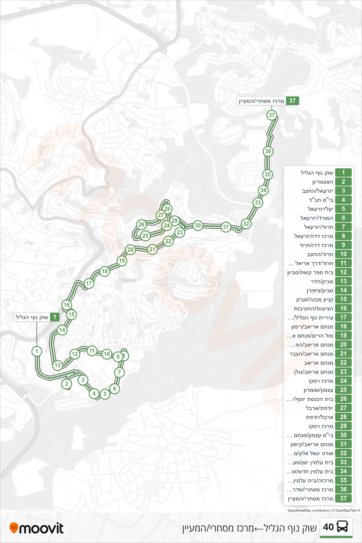 40 bus Line (Nof HaGalil Market‎→Commercial Center/HaMaayan) route and stops on a map