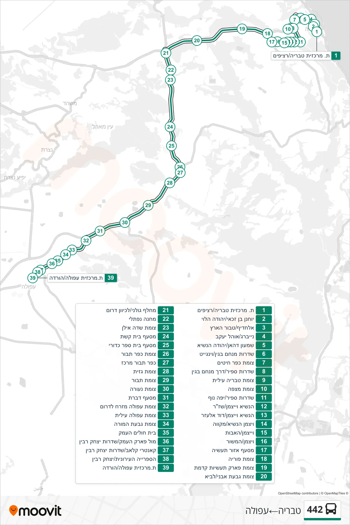 442 bus Line (Tiberias‎→Afula) route and stops on a map