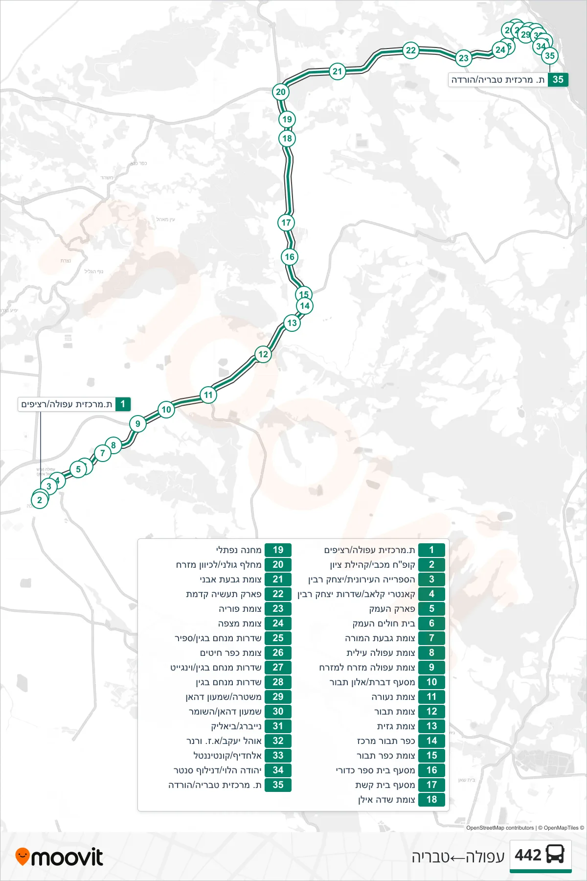 442 bus Line (Afula→Tiberias) route and stops on a map