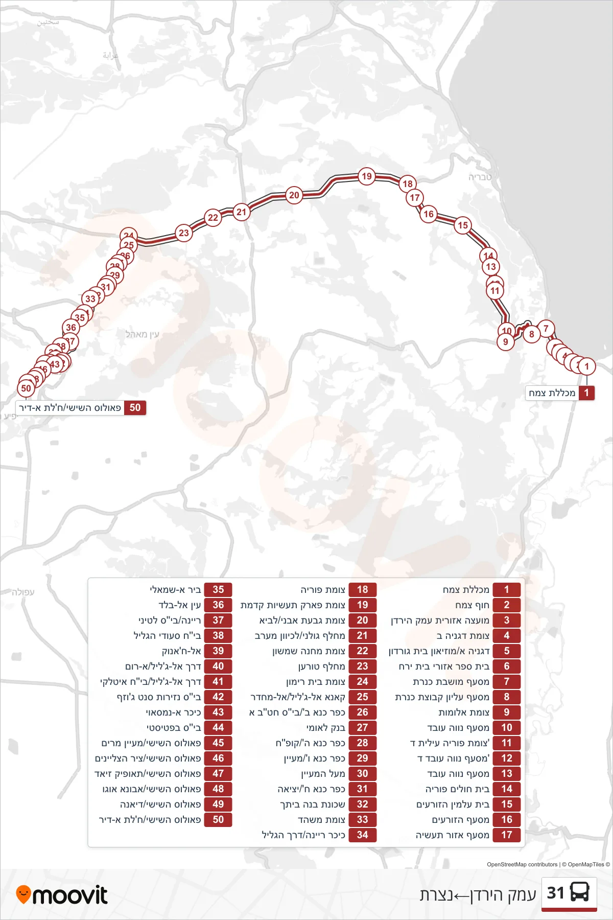 31  Line (Emek HaYarden‎→Nazareth) route and stops on a map