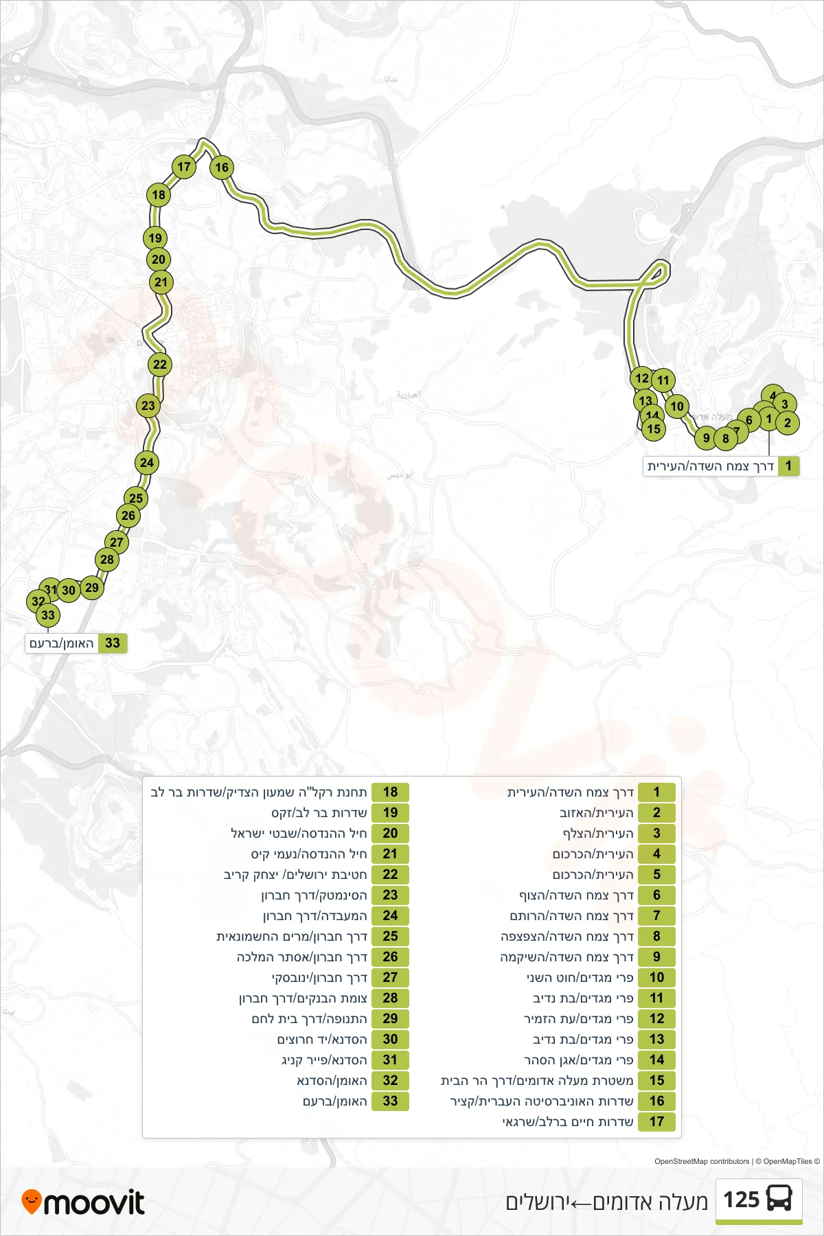 125 bus Line (Ma'ale Adumim‎→Jerusalem) route and stops on a map