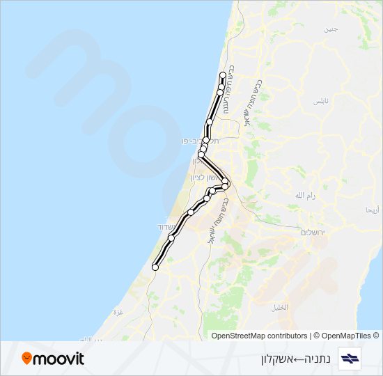 מפת המסלול של קו רכבת ישראל נתניה - אשקלון