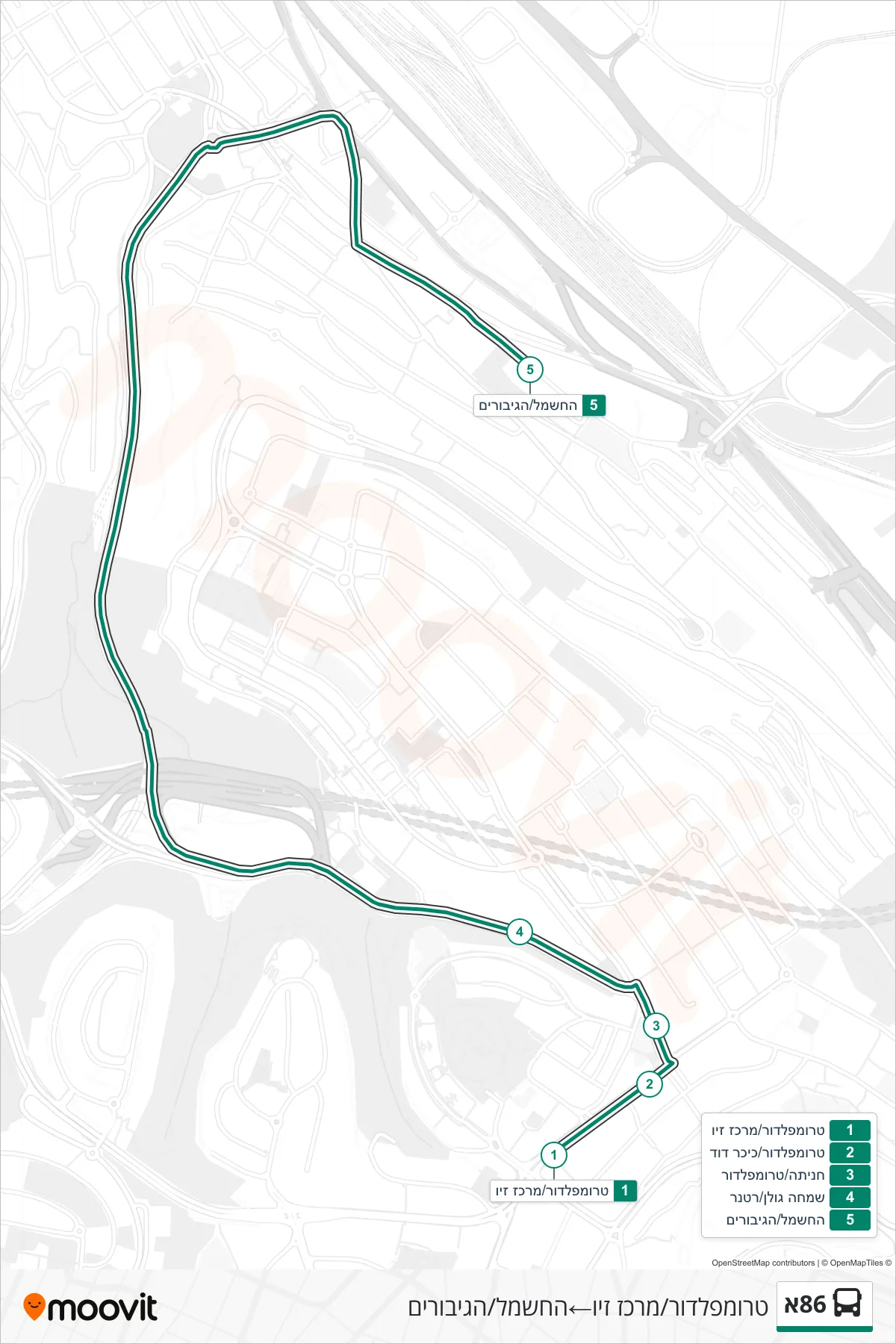 86A bus Line (Trumpeldor/Ziv Center‎→HaChashmal/HaGiborim) route and stops on a map