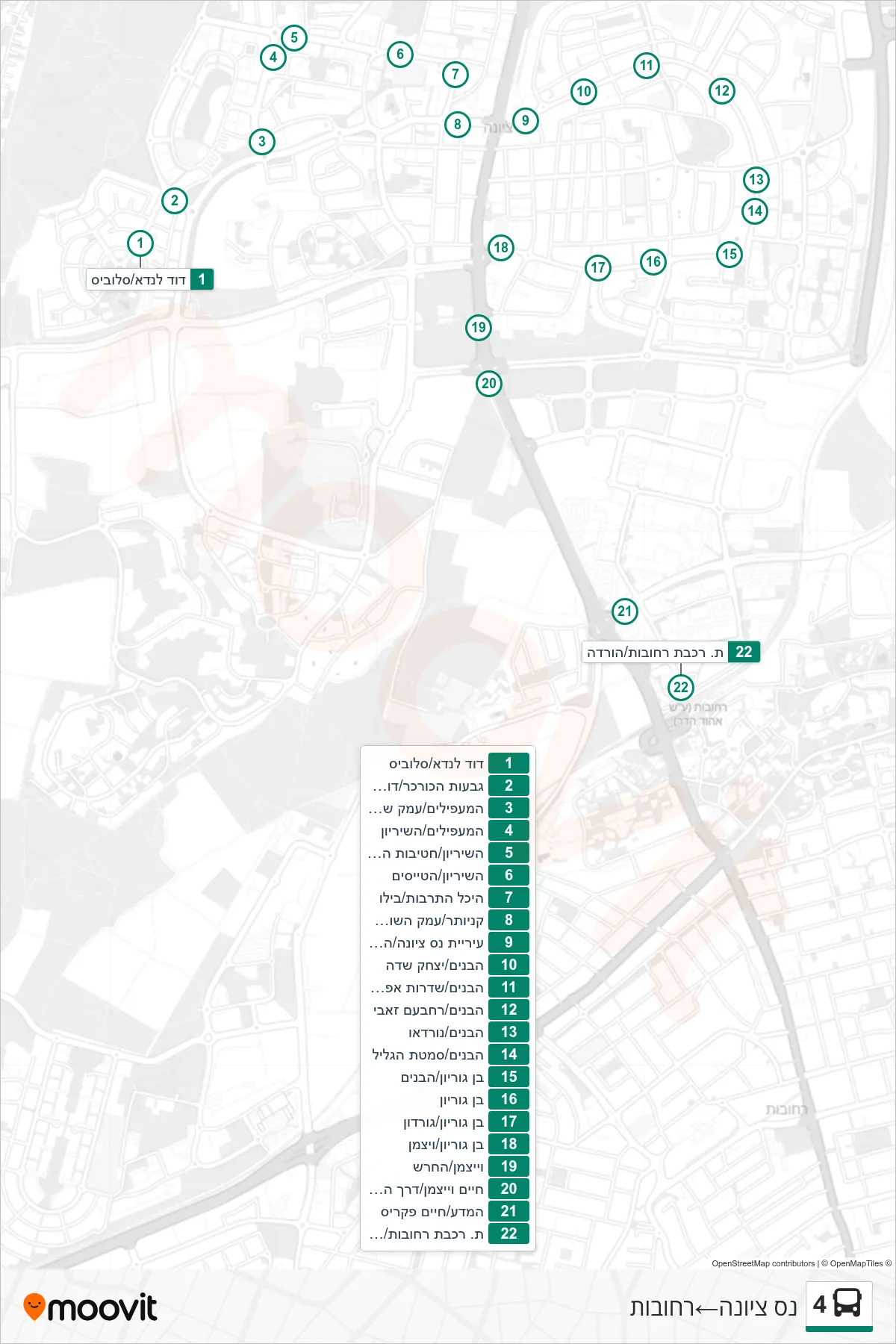 4 bus Line (Nes Ziona‎→Rehovot) route and stops on a map