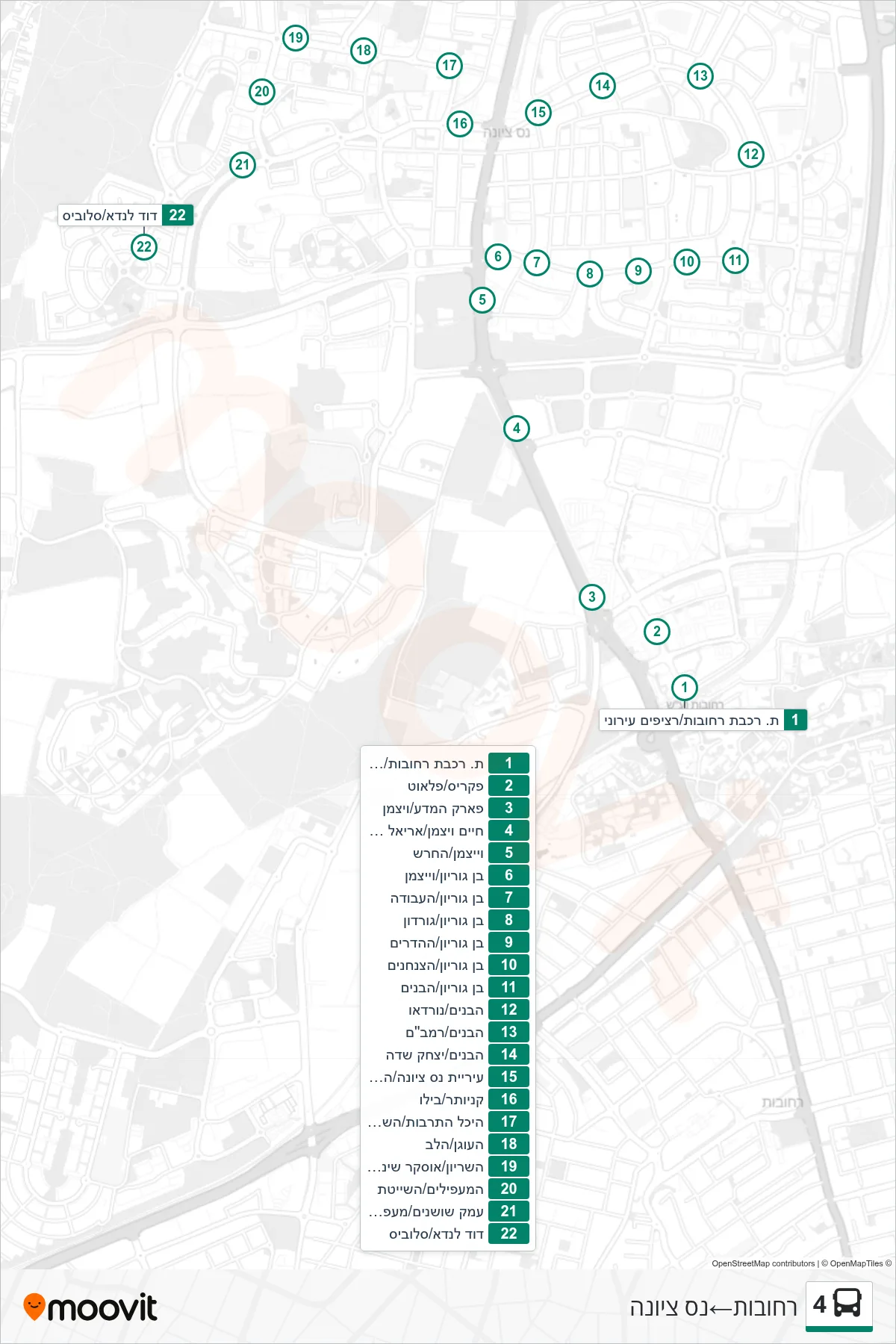 4 bus Line (Rehovot‎→Nes Ziona) route and stops on a map