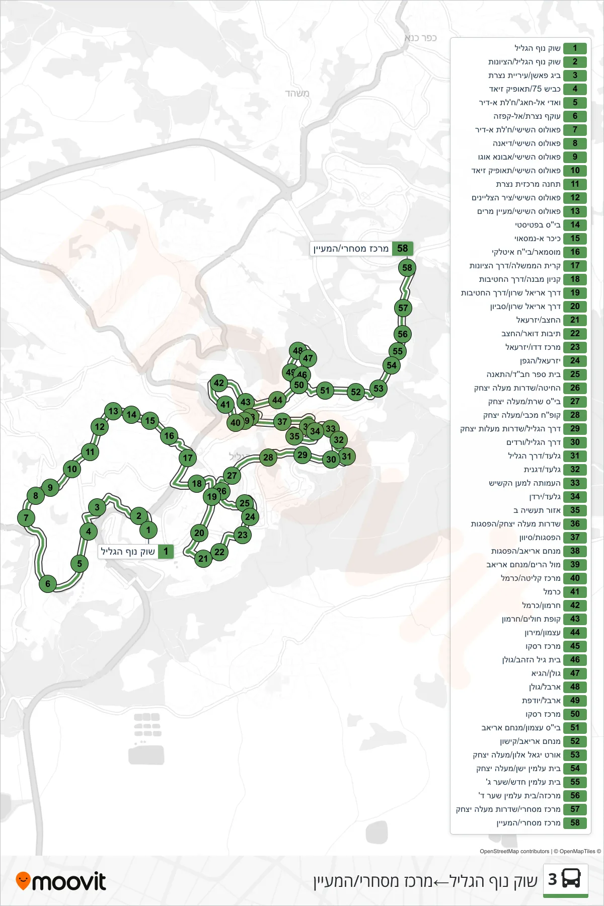 3  Line (Nof HaGalil Market‎→Commercial Center/HaMaayan) route and stops on a map