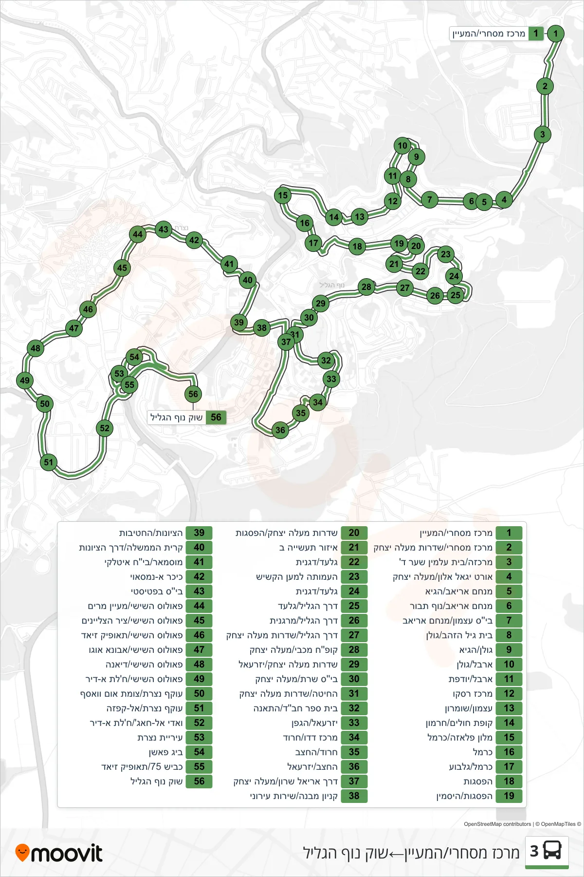 3 bus Line (Commercial Center/HaMaayan‎→Nof HaGalil Market) route and stops on a map