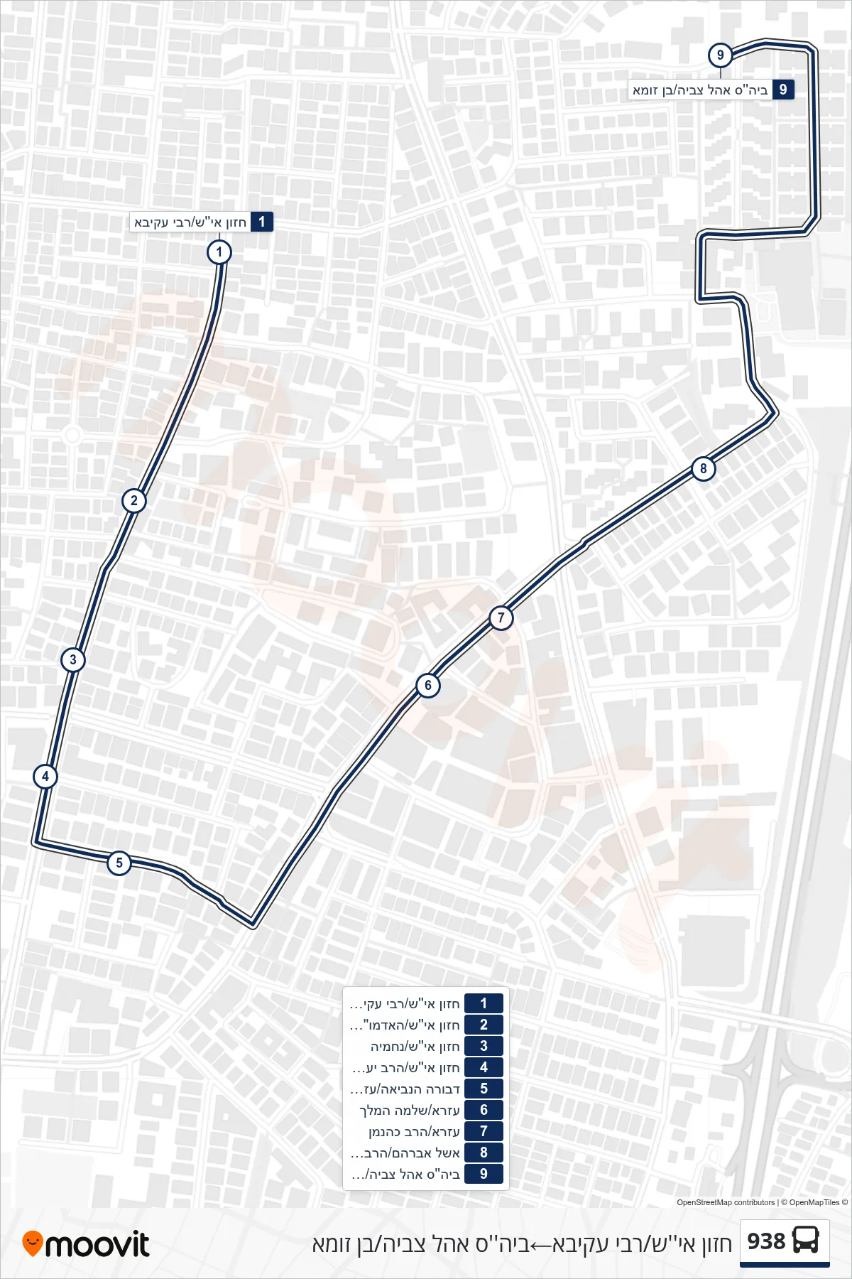 938 bus Line (Hazon Ish/Rabbi Akiva‎→Ohel Tzvia School/Ben Zoma) route and stops on a map