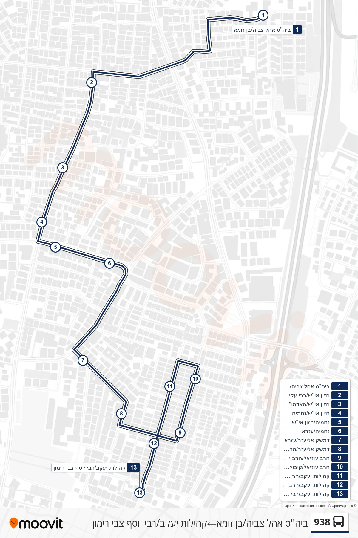 938 bus Line (Ohel Tzvia School/Ben Zoma‎→Kehilot Yaakov/Rabbi Yosef Zvi Rimon) route and stops on a map