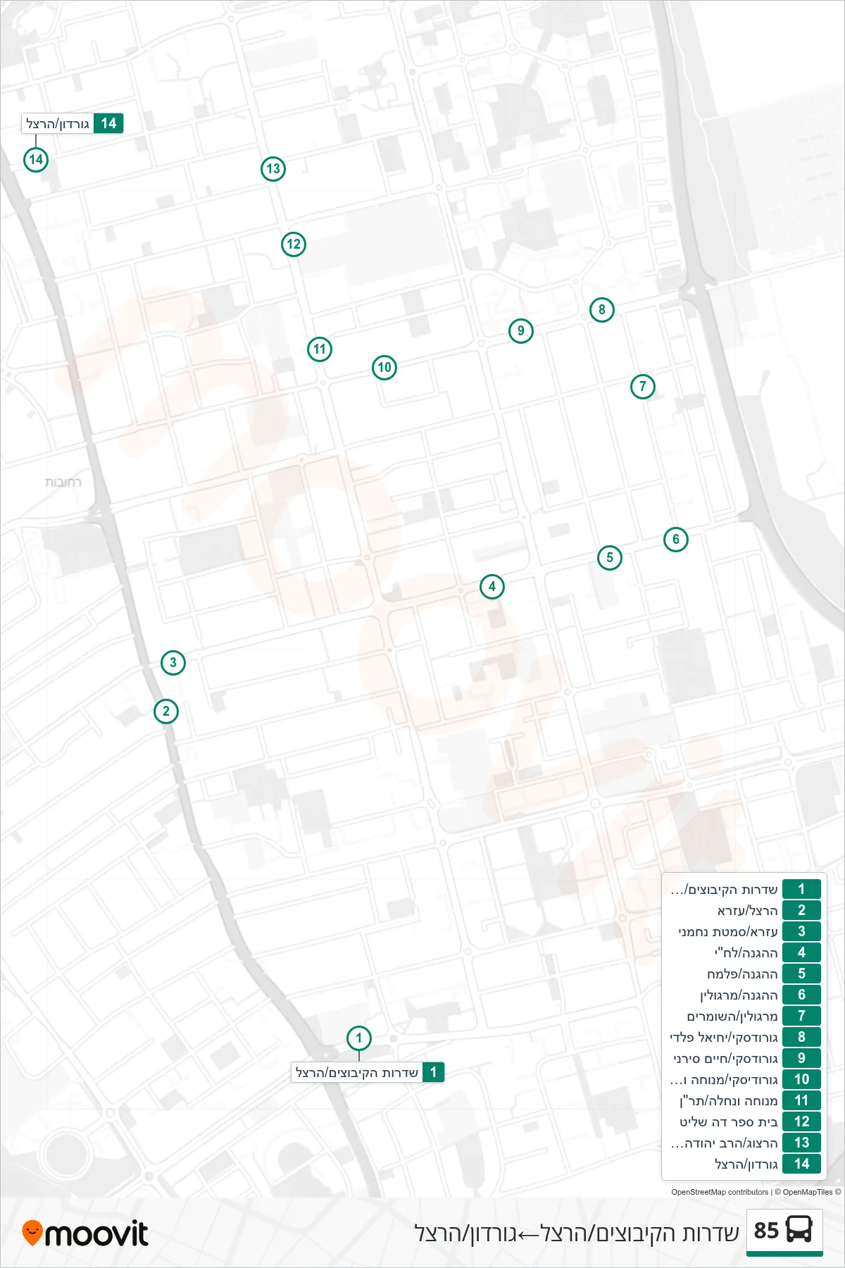 85 bus Line (Kibbutzim Boulevard/Herzl‎→Gordon/Herzl) route and stops on a map