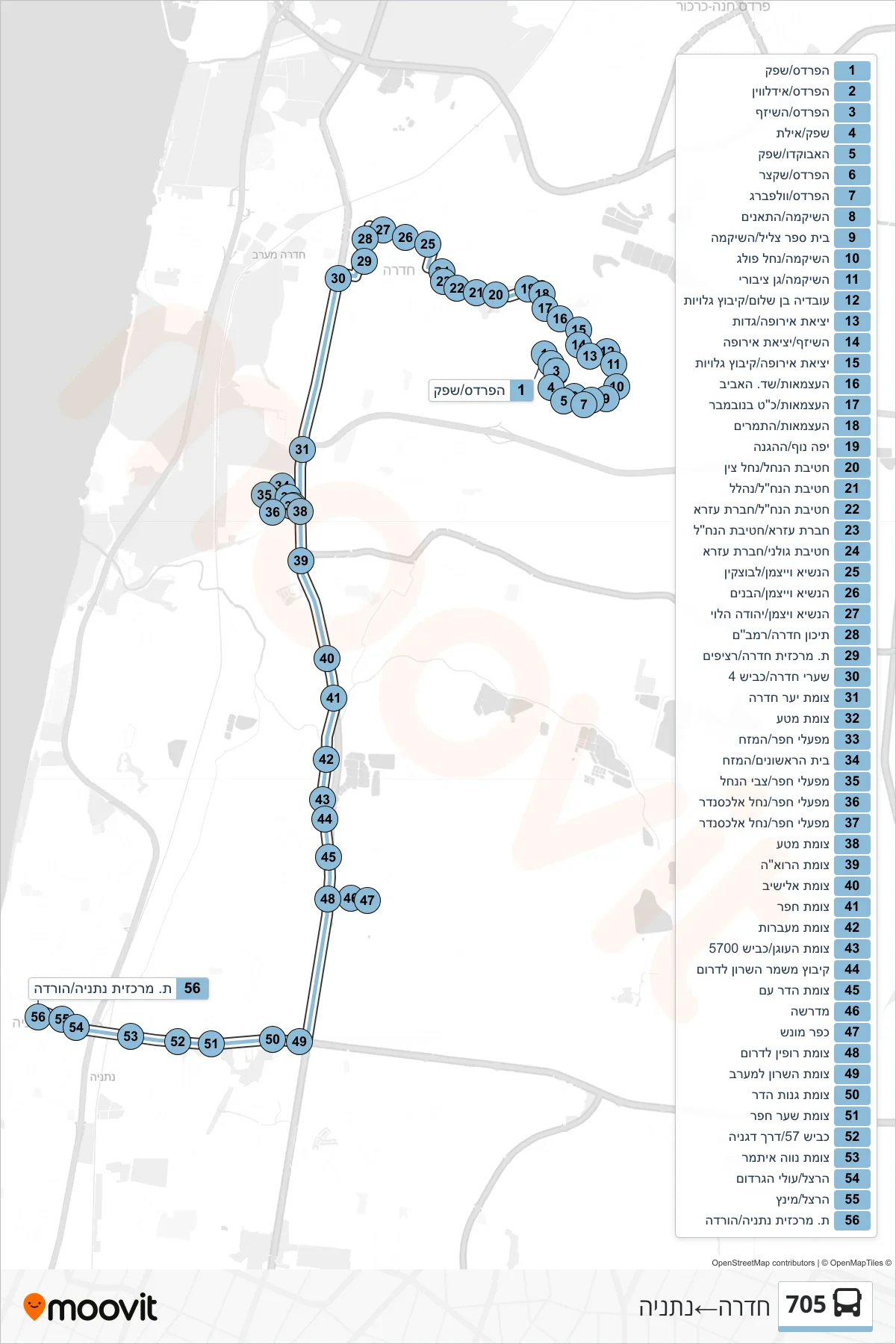 705 bus Line (Hadera‎→Netanya) route and stops on a map