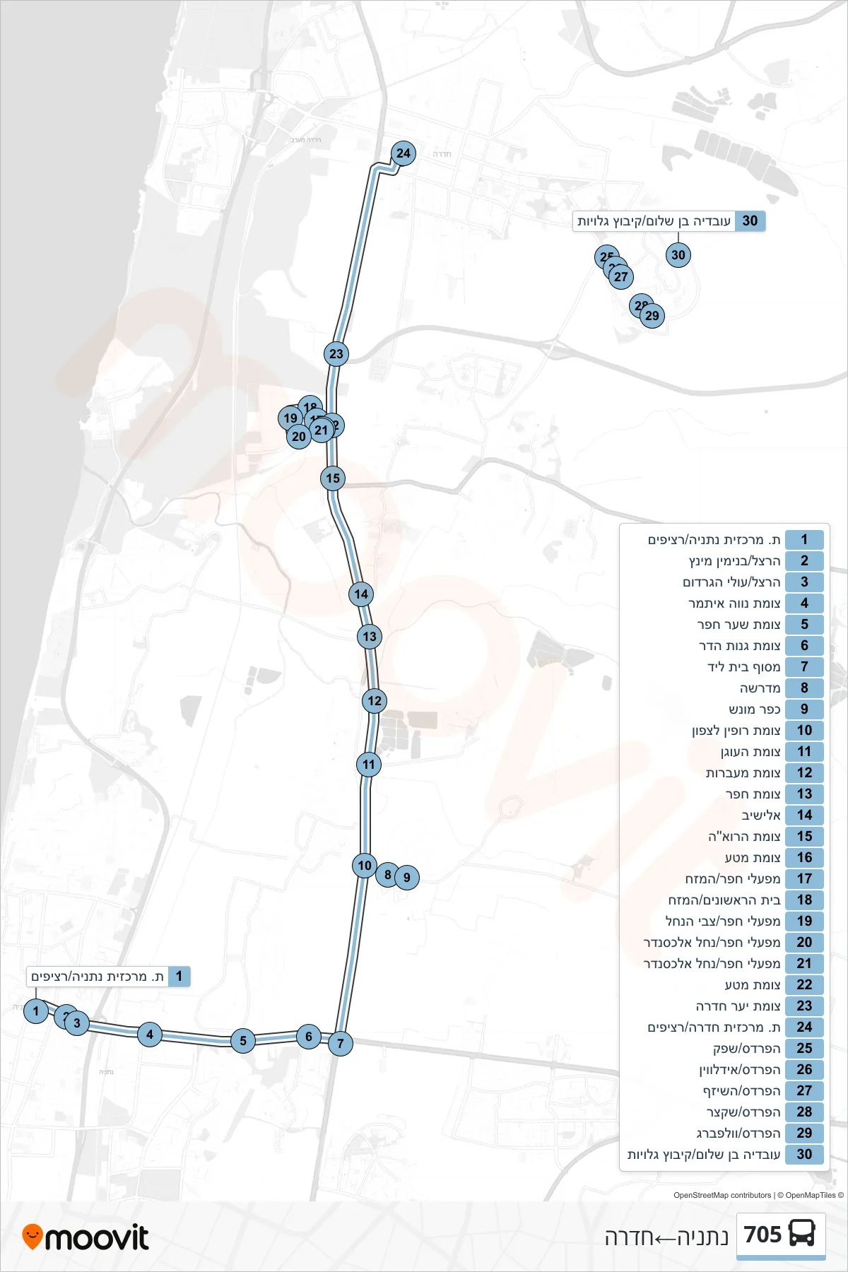 705 bus Line (Netanya‎→Hadera) route and stops on a map