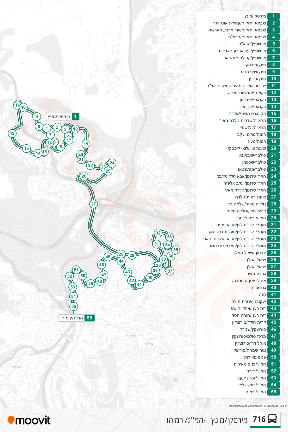 716 bus Line (Mirsky/Mintz→HaMag/Yirmiyahu) route and stops on a map